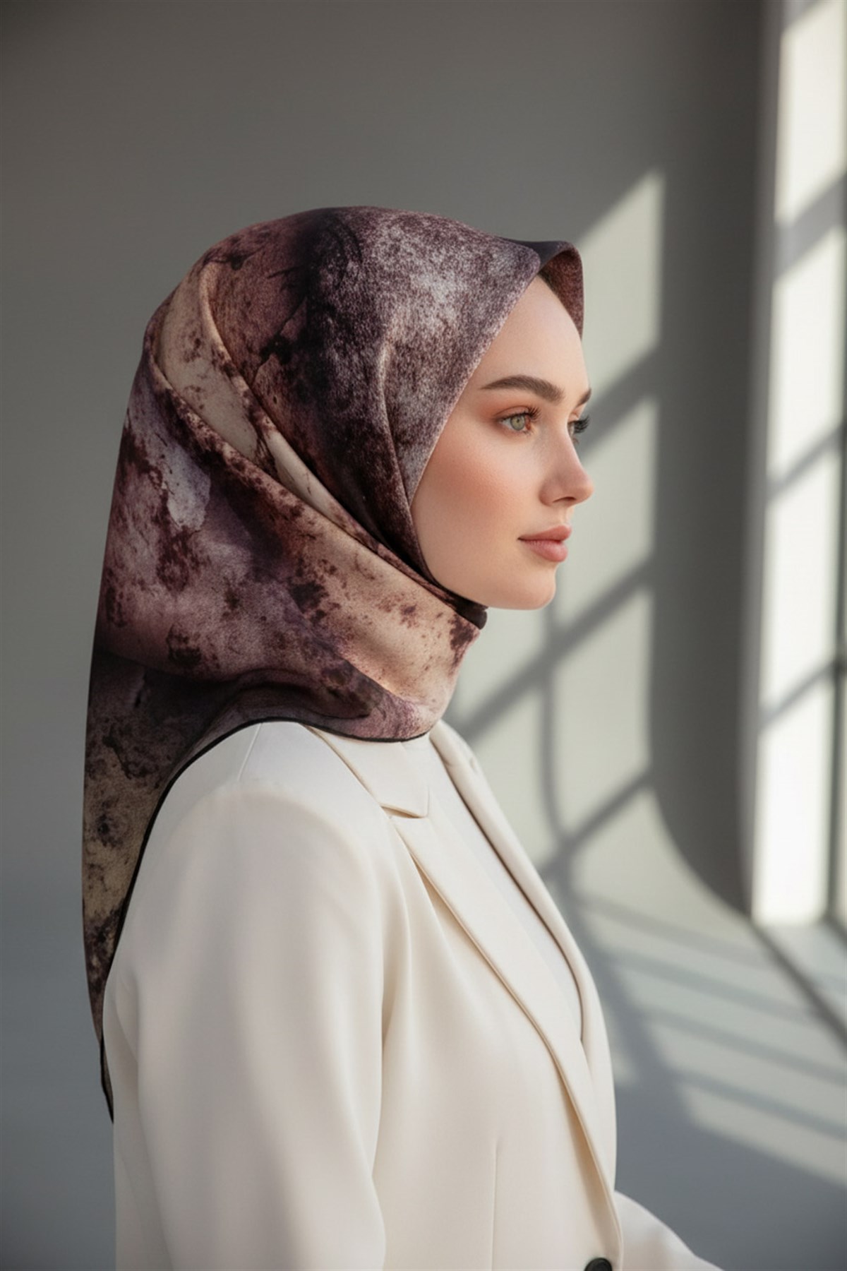 % 57 İPEK % 43 VİSKON Twill İpek Dokulu Ve Geometrik Desenli Pudra - Somon Renkli 90x90 Eşarp Dikim Şekli : El Dikişi