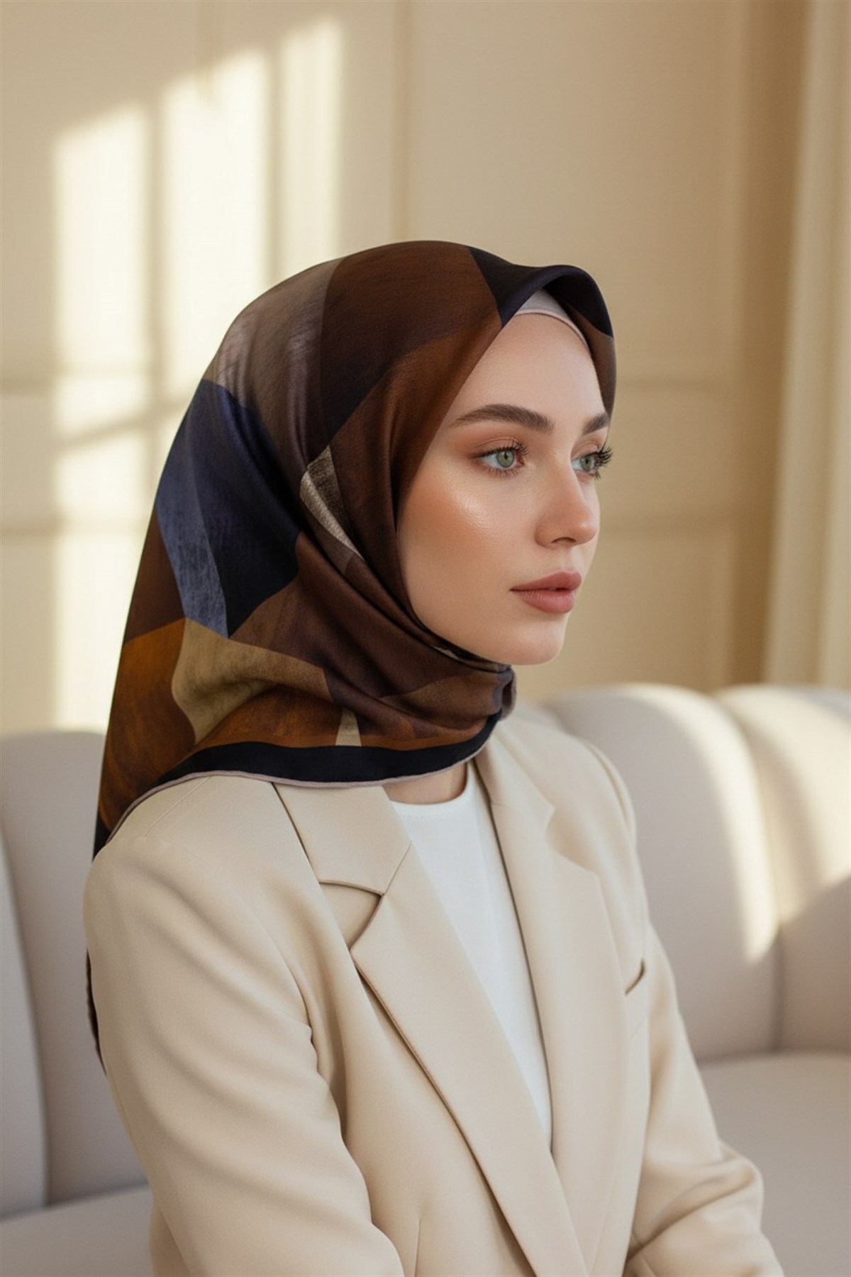 %100 Twill İpek Geometrik Desenli Kiremit - İndigo Renkli 90x90 Eşarp Dikim Şekli : El Dikişi
