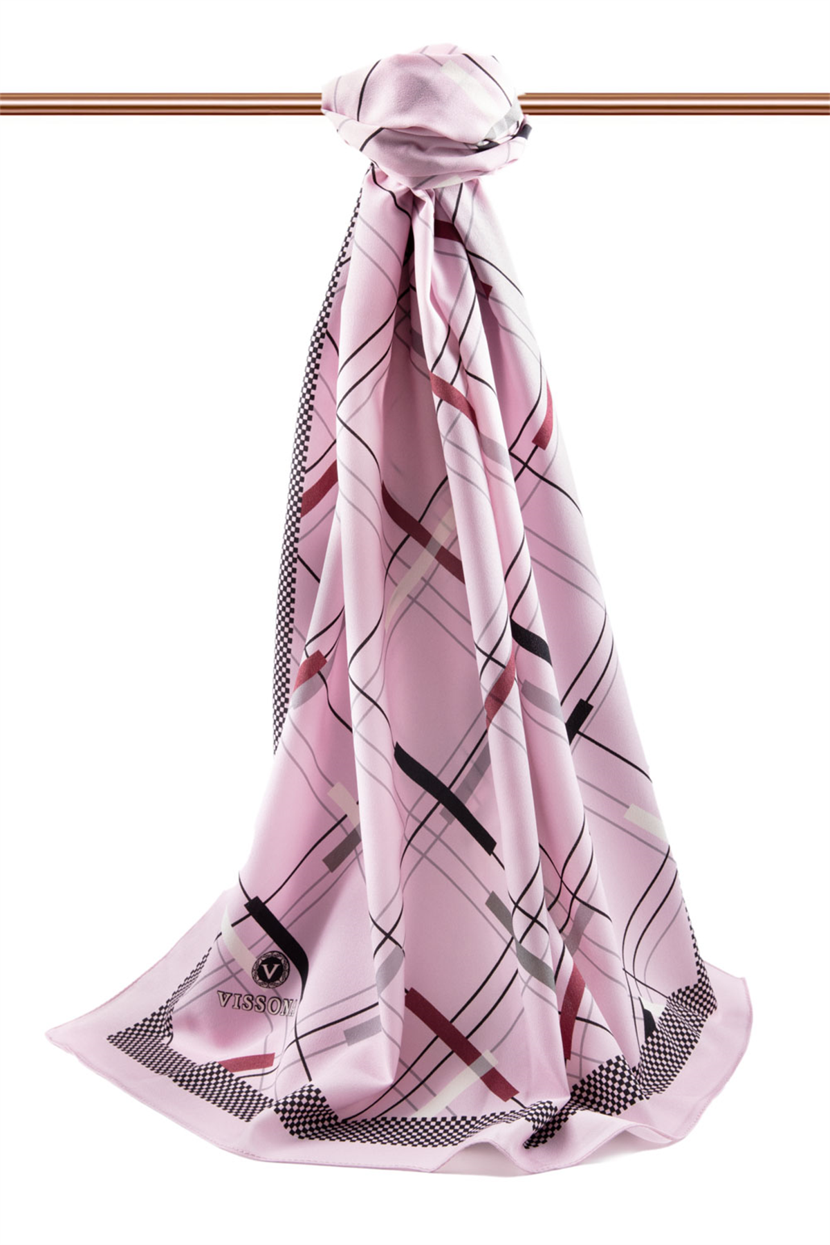 LÜKS MEDİNE İPEĞİ GEOMETRİK DESENLİ PUDRA - SİYAH RENKLİ 75X195 KIRIŞMAZ ŞAL MOSS KREP DİKİŞ TİPİ İTALYAN DİKİŞLİ