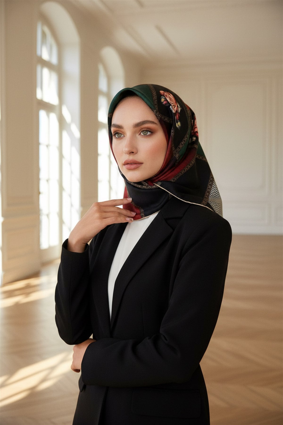 %100 Twill İpek Dokulu Çiçekli Ve Geometrik Desenli Siyah - Zümrüt Yeşili Renkli 90x90 Eşarp Dikim Şekli : El Dikişi
