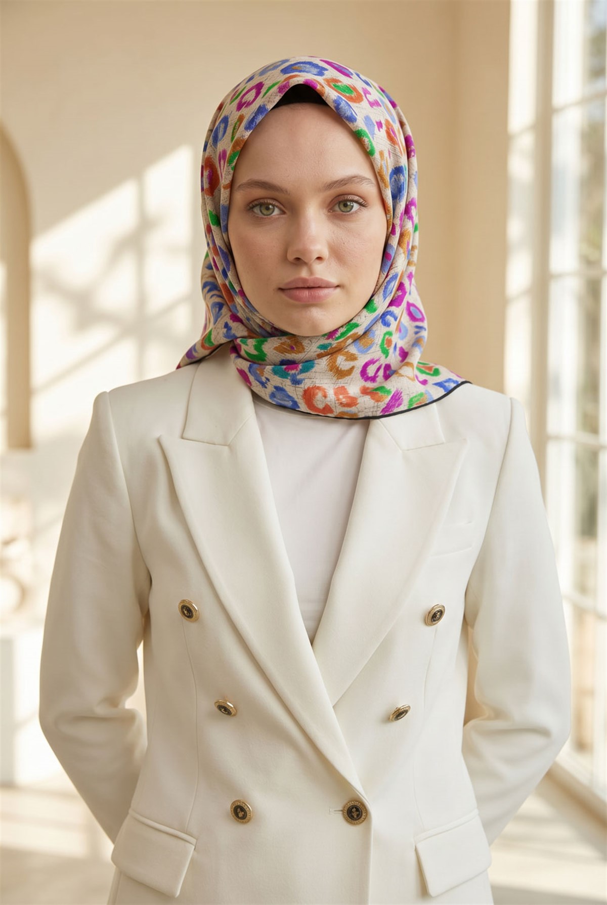 %100 Twill İpek Renkli Leopari Desenli Turuncu - Saks Renkli 90x90 Eşarp Kenar Dikiş Şekli El Dikişli