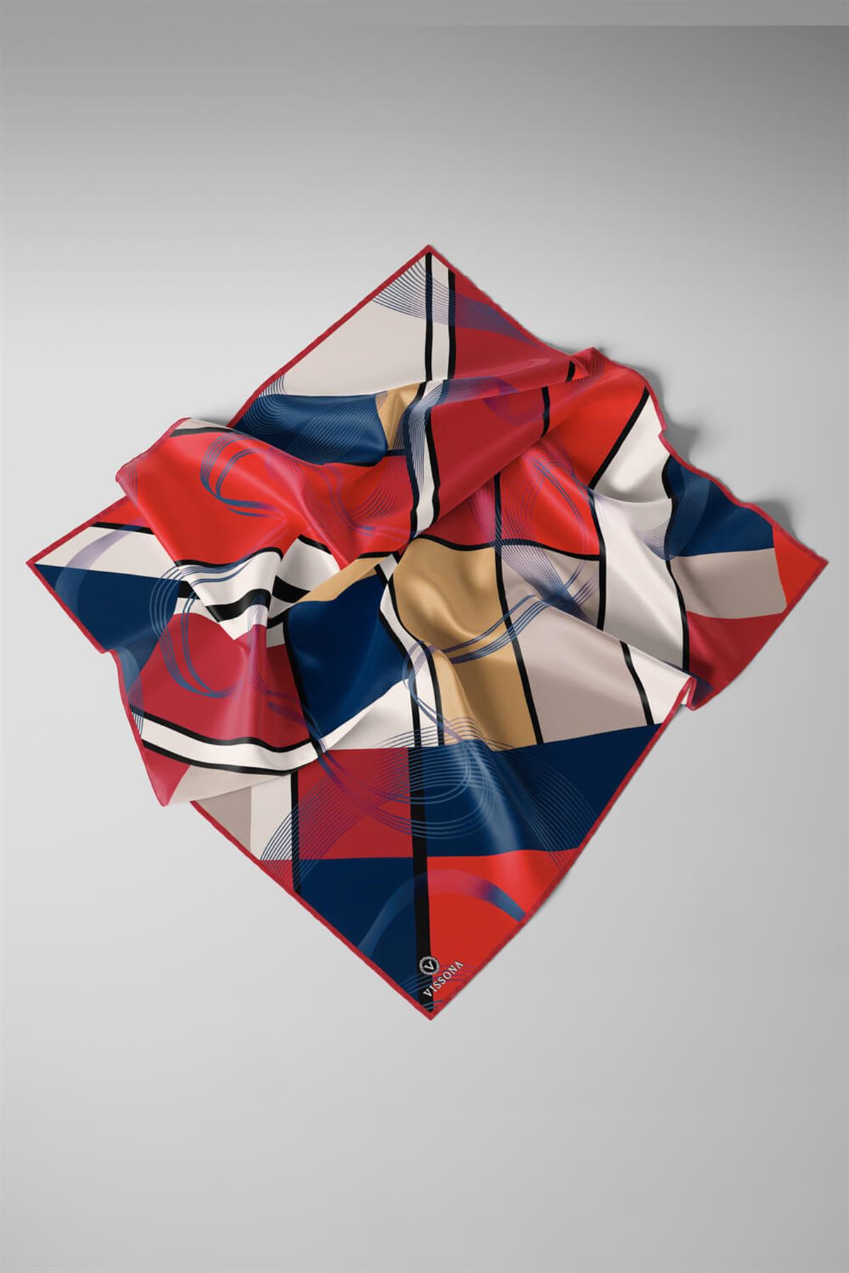 %100 Twill İpek Geometrik Desenli Kırmızı- Lacivert Renkli 90x90 Eşarp Dikim Şekli : El Dikişi