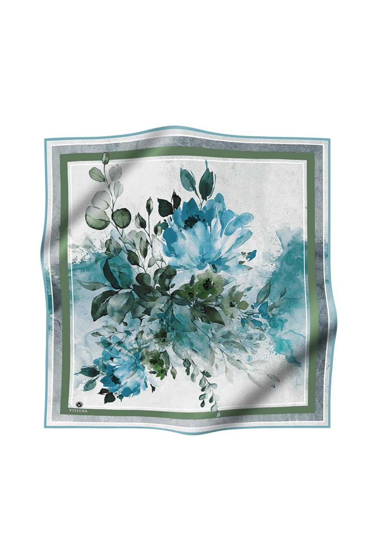 %100 Twill İpek Bahar Çiçekleri Desenli Petrol Yeşili - Haki Renkli 90x90 Eşarp Dikim Şekli : El Dikişi
