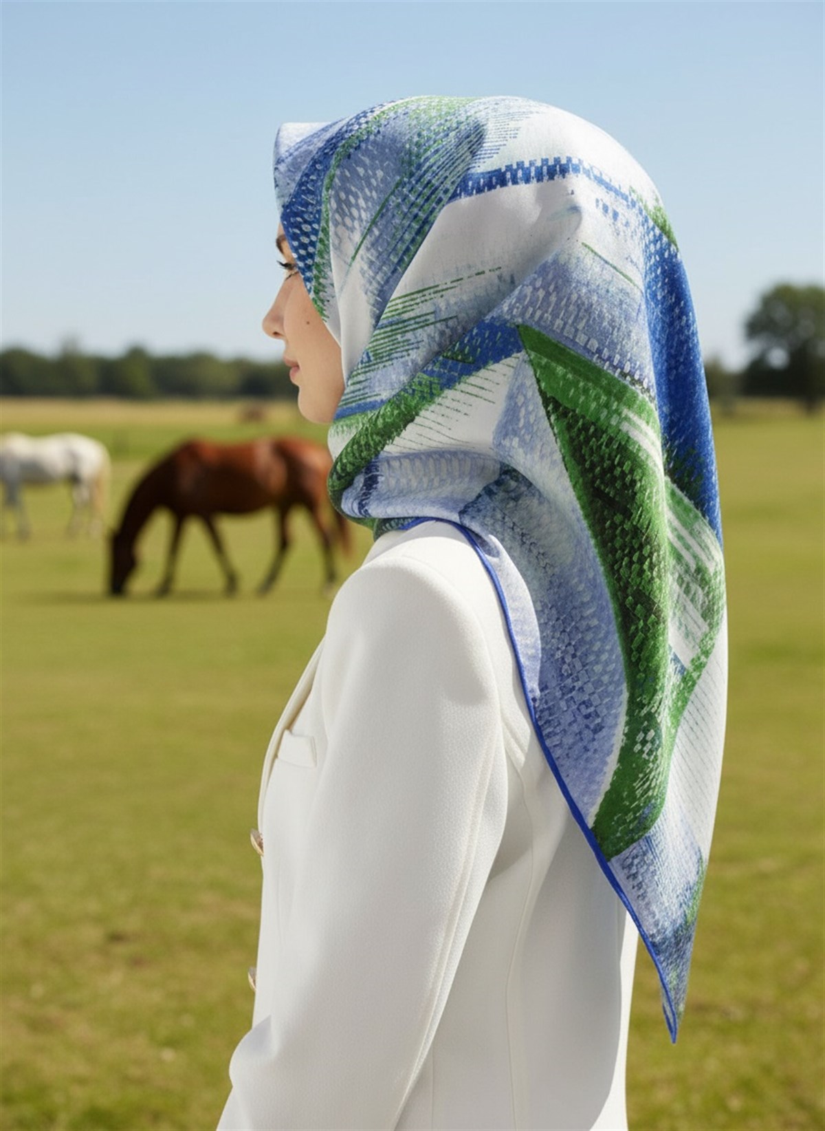 %100 Twill İpek Efektli ve Geometrik Desenli Fıstık Yeşili - Saks Renkli 90x90 Eşarp Dikim Şekli : El Dikişi