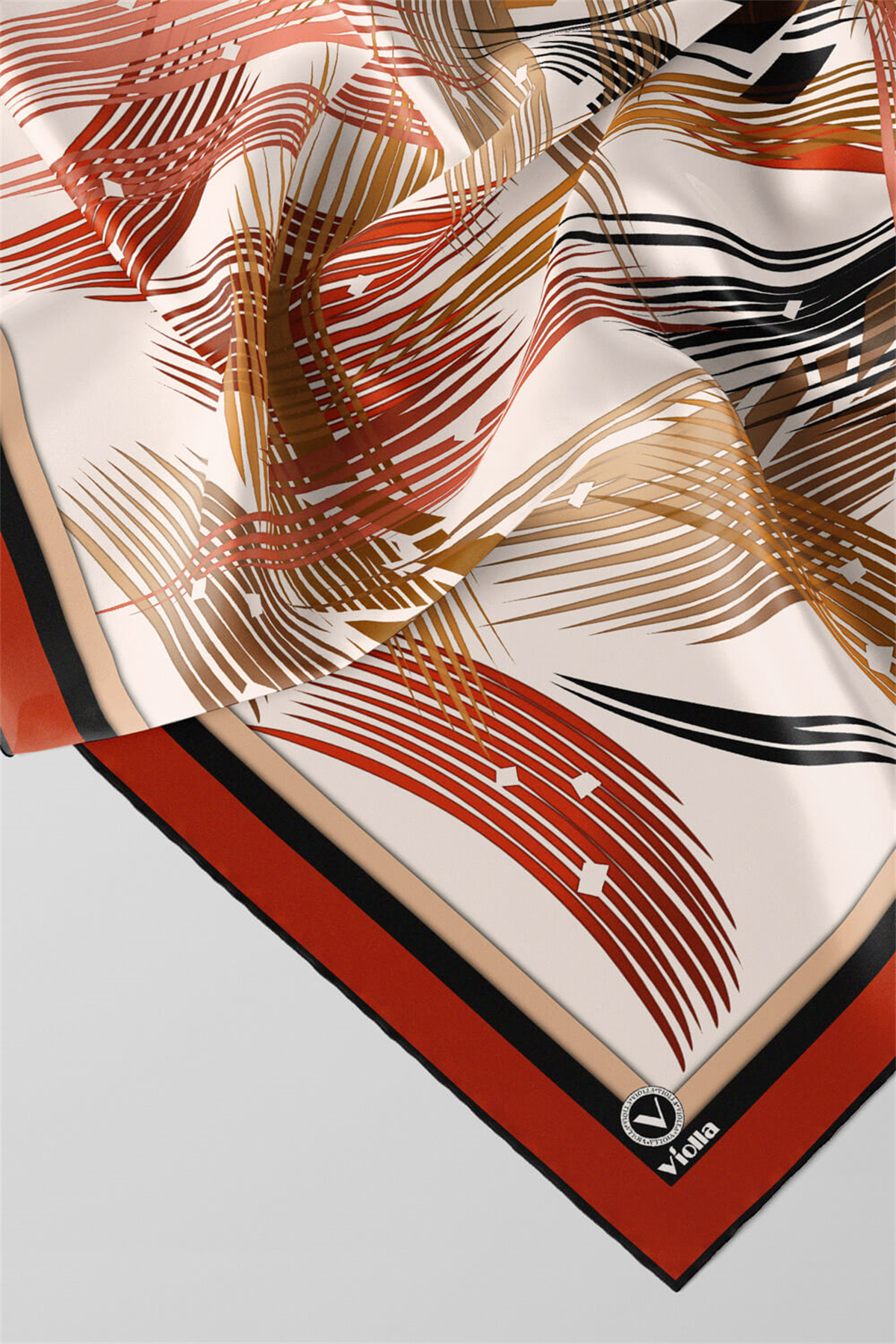 Twill Geometrik Desenli Taba Renkli 90x90 Eşarp (İpek İçermez) Kenar Dikiş Şekli El Dikişli