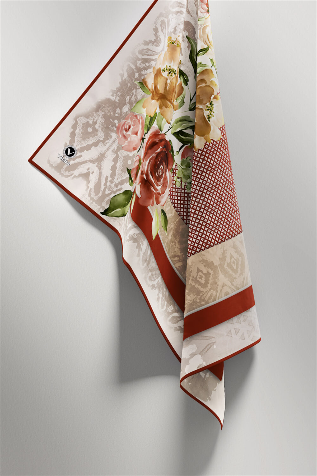 Twill Çiçek Desenli Taba Renkli 90x90 Eşarp (İpek İçermez) Kenar Dikiş Şekli El Dikişli
