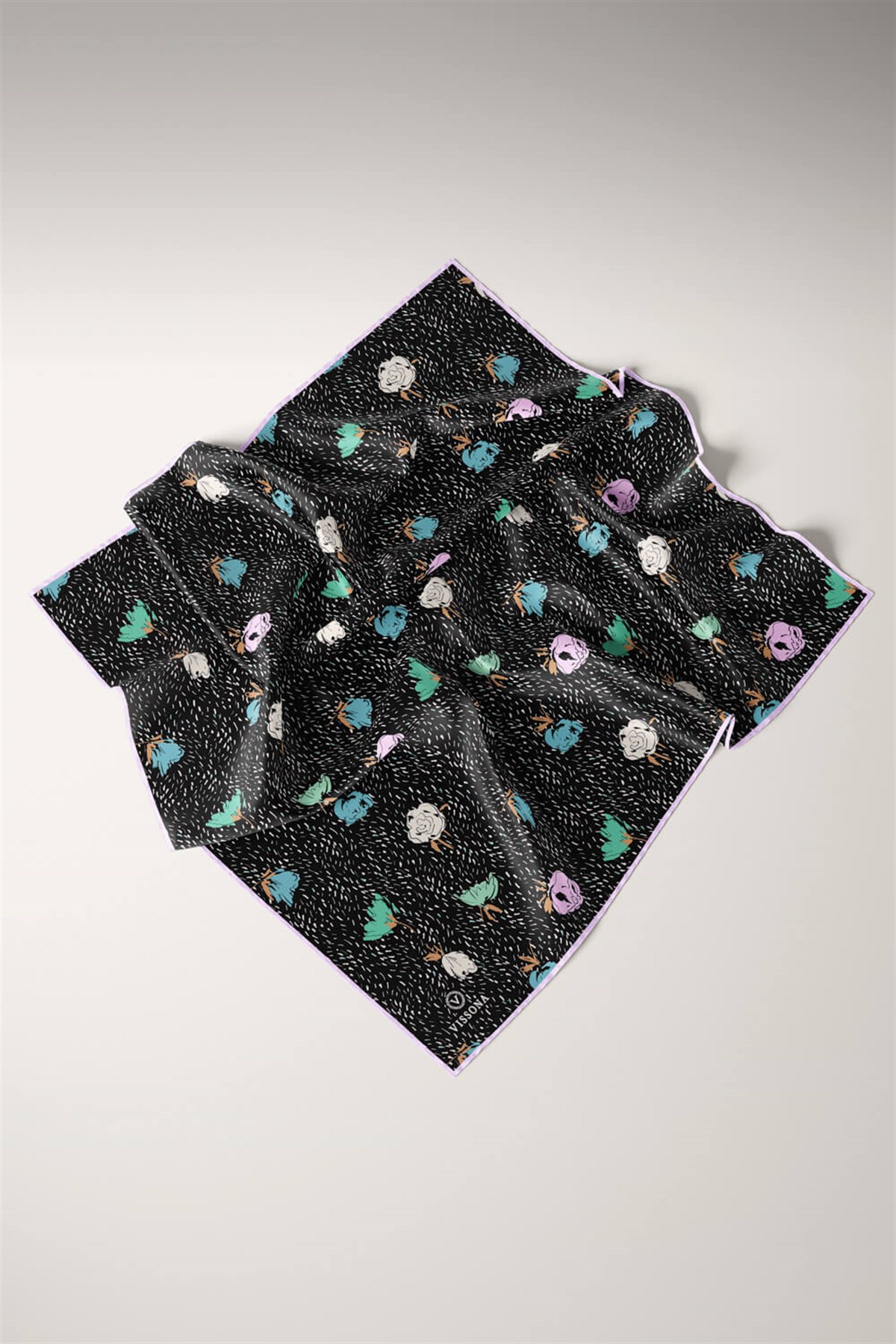 %100 Twill İpek Çıtır Çiçek Desenli Lila - Su Yeşili Renkli 90x90 Eşarp Dikim Şekli : El Dikişi