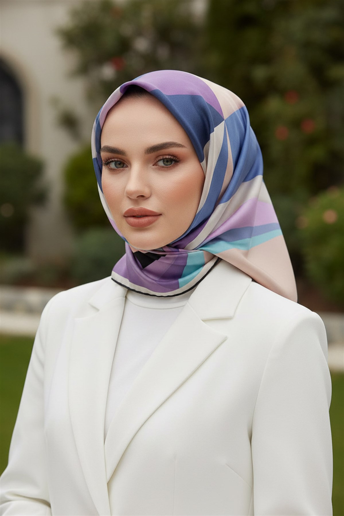 %100 Twill İpek Geometrik Desenli Lila - Pembe Renkli 90x90 Eşarp Dikim Şekli : El Dikişi