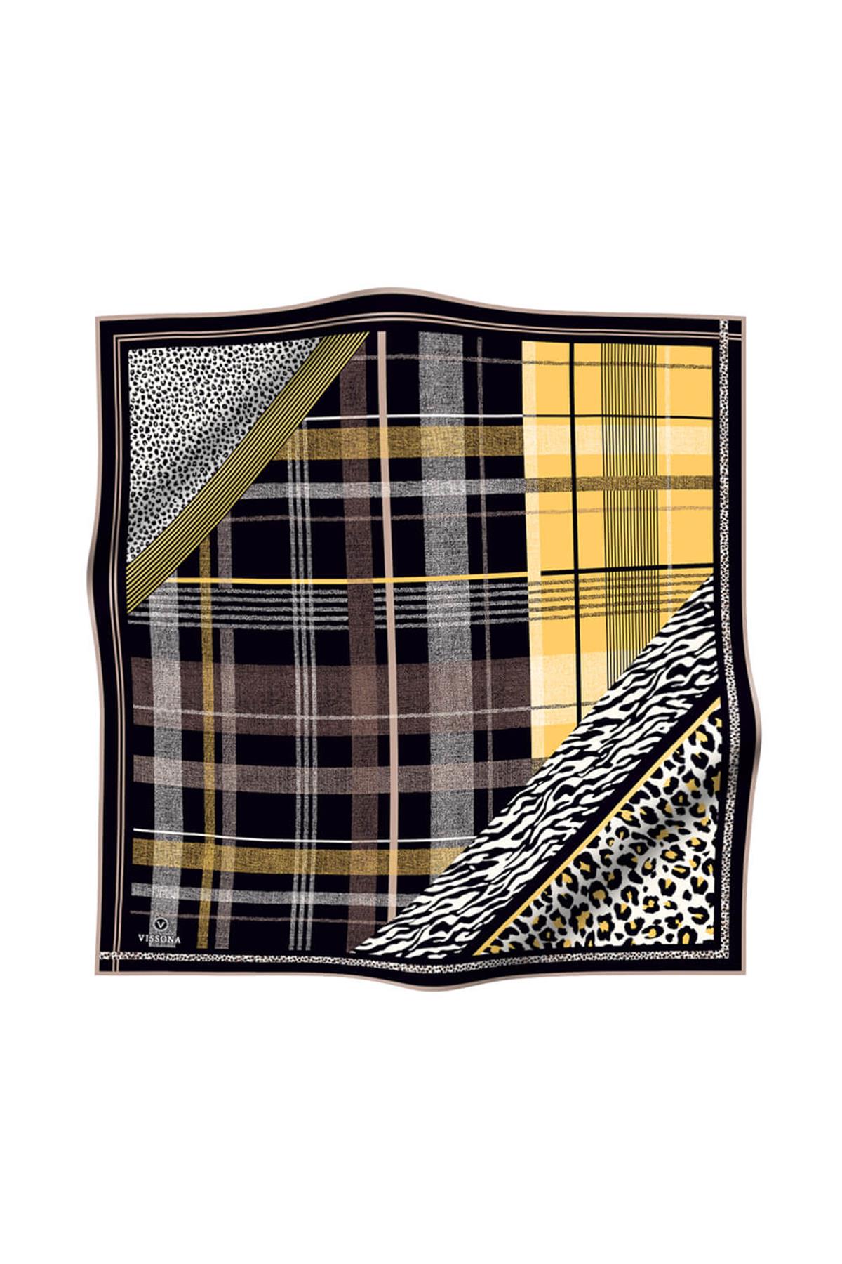 %100 Twill İpek Ekoseli Ve Leopar Desenli Siyah - Gold Renkli 90x90 Eşarp Dikim Şekli : El Dikişi