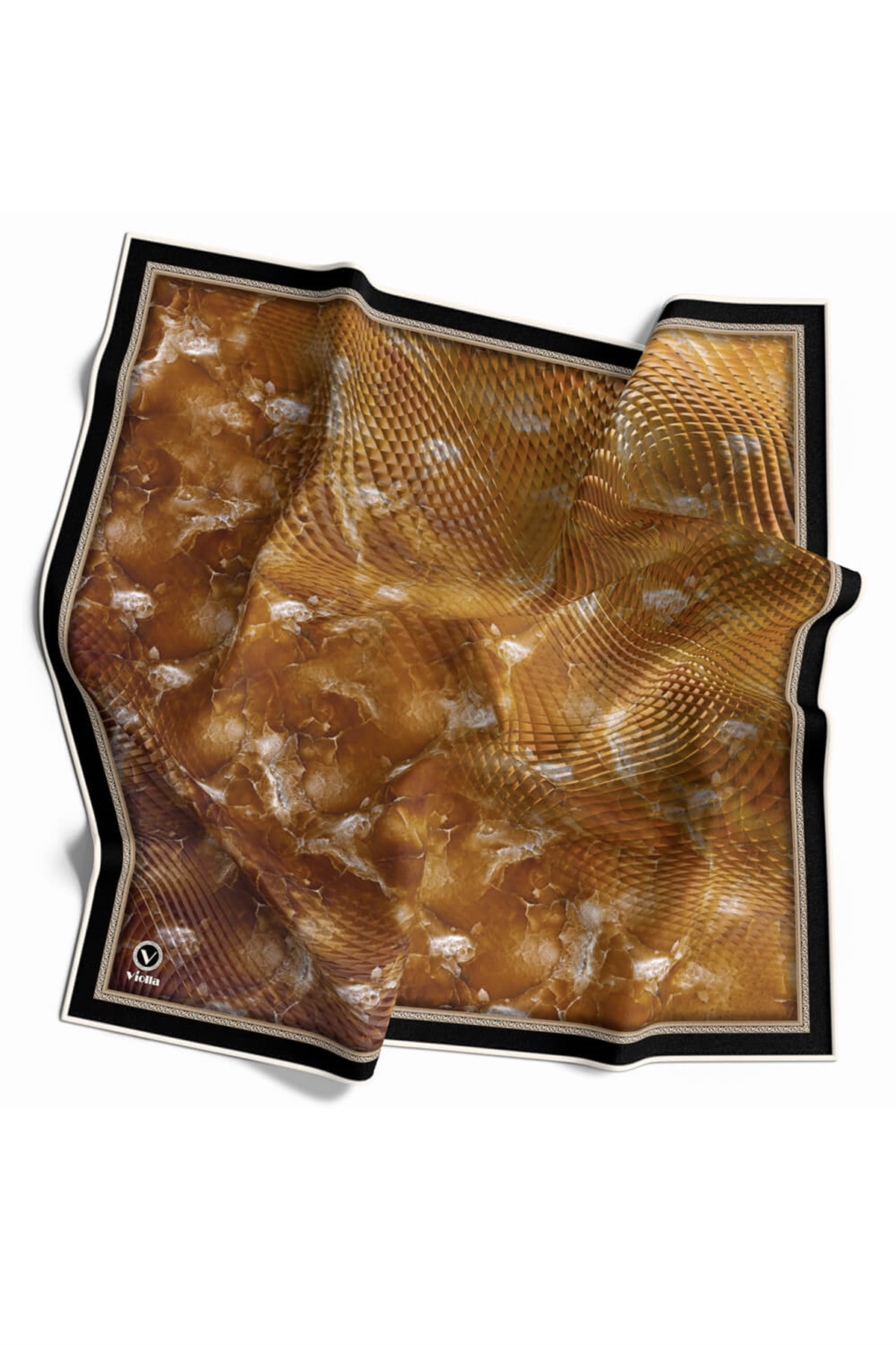 Twill Batik Desenli Hardal Renkli 90x90 Eşarp (İpek İçermez) Kenar Dikiş Şekli El Dikişli