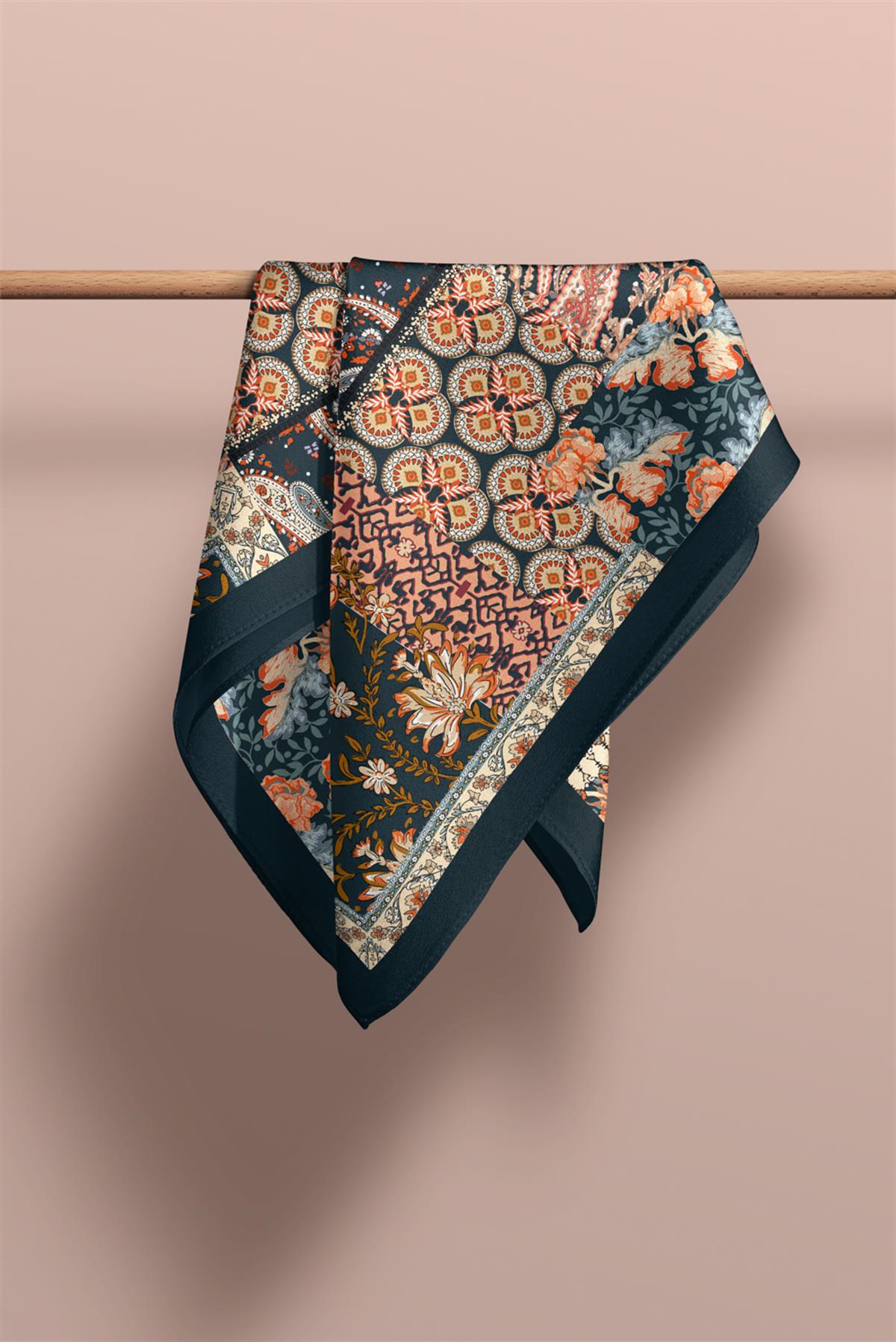 Z41 Modabutik Şal Desenli Mavi Somon Renkli Fular