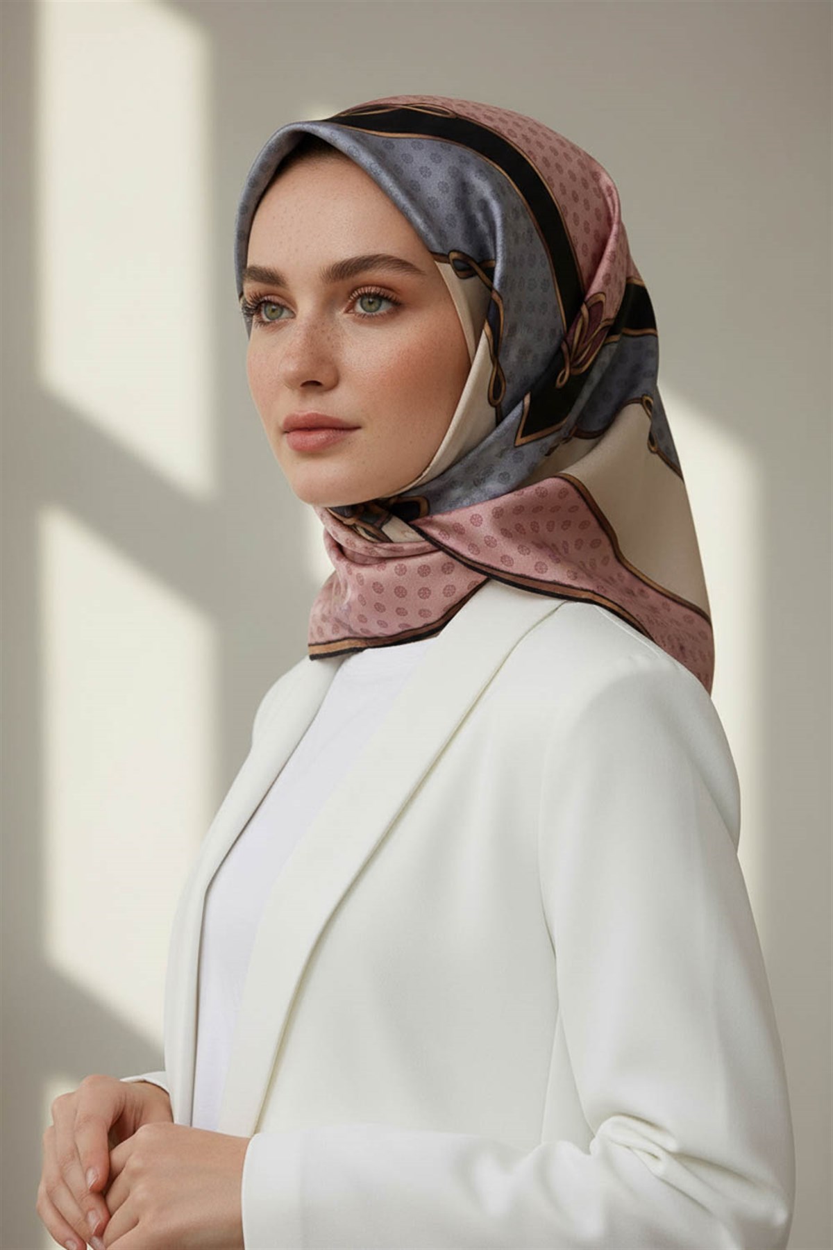 %100 Twill İpek Puantiyeli ve Geometrik Desenli Pudra - Gri Renkli 90x90 Eşarp Dikim Şekli : El Dikişi