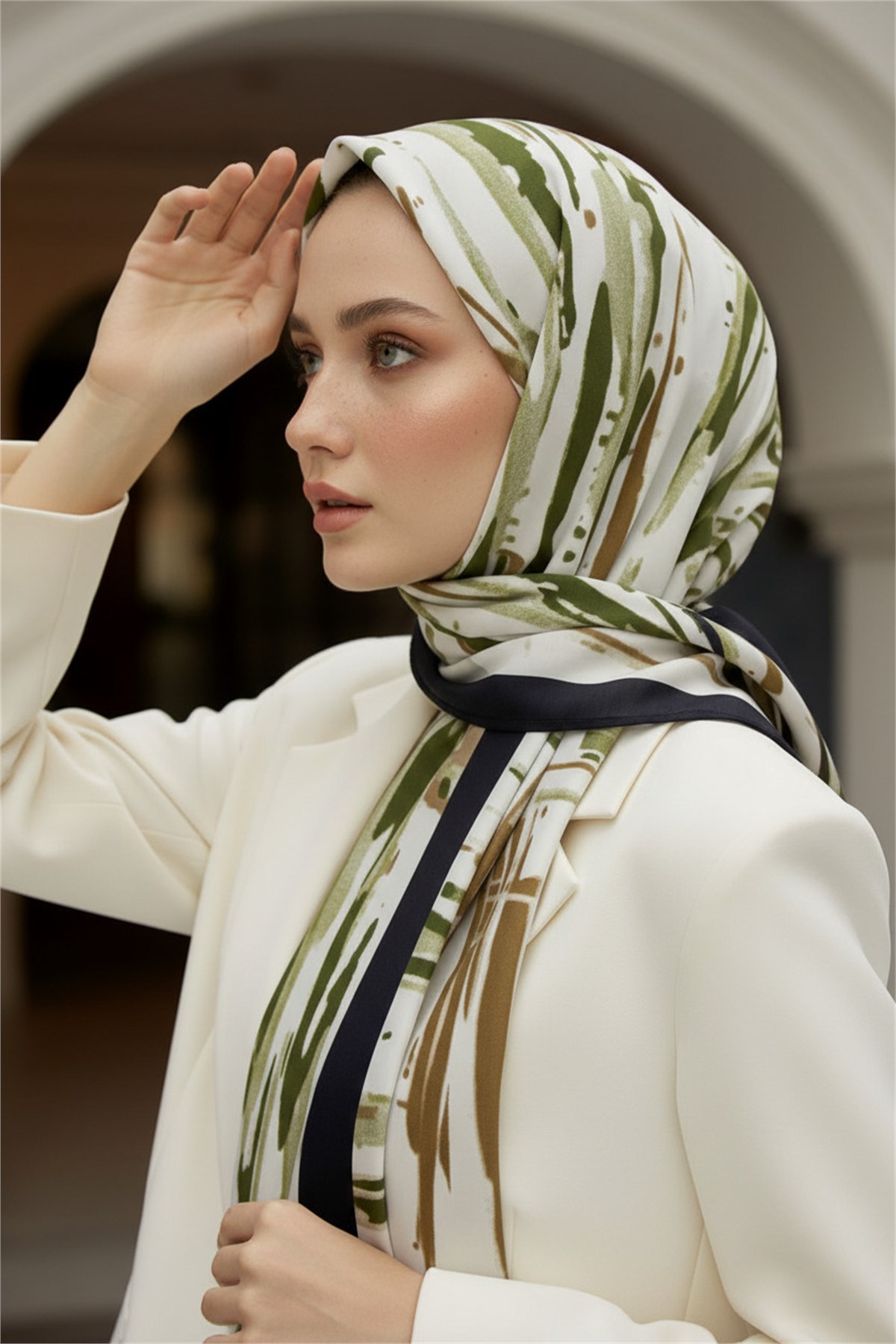 KREP GEOMETRIK DESENLİ HAKİ RENKLİ 75X195 KIRIŞMAZ ŞAL