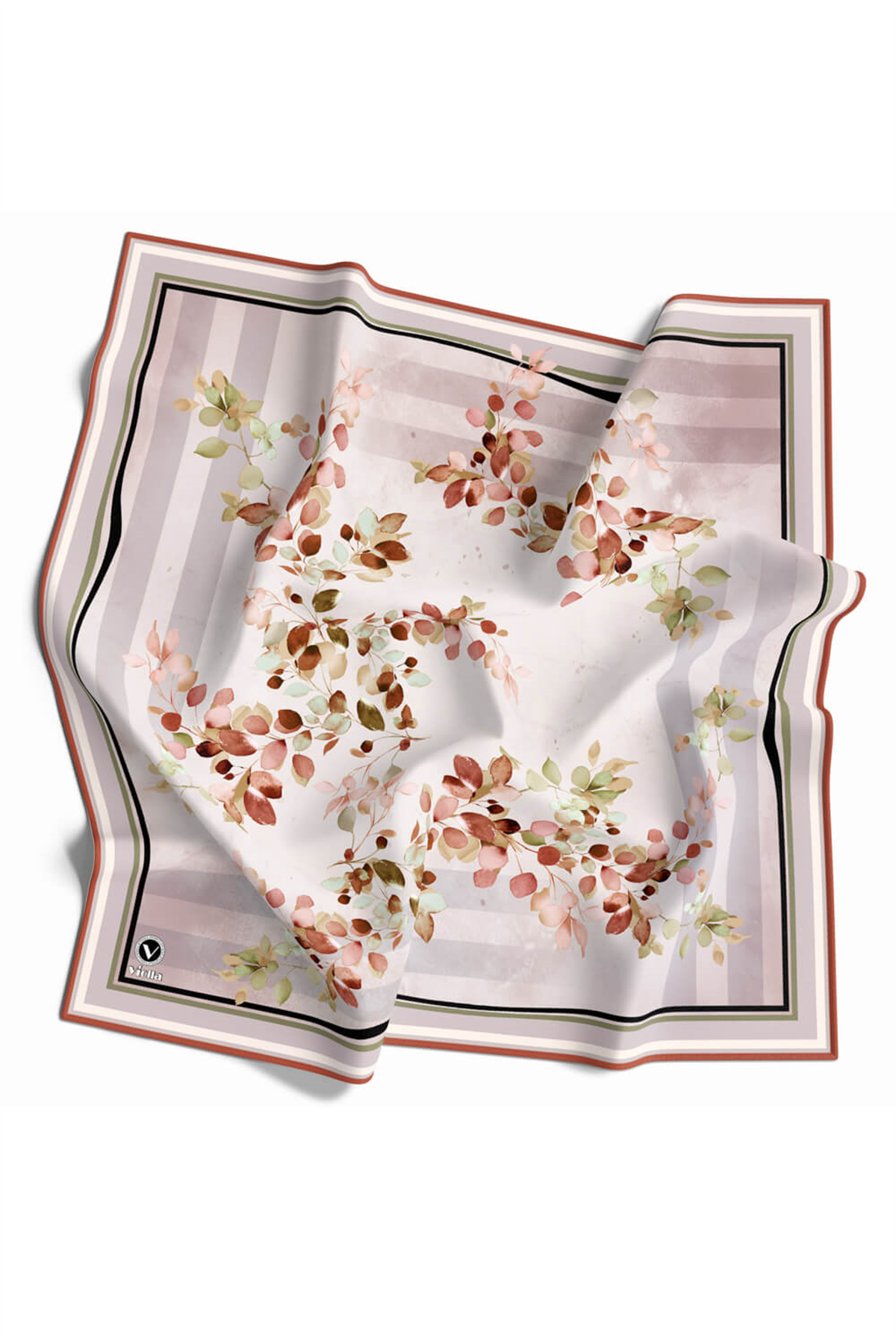 Twill Çiçek Desenli Taba Renkli 90x90 Eşarp (İpek İçermez) Kenar Dikiş Şekli El Dikişli