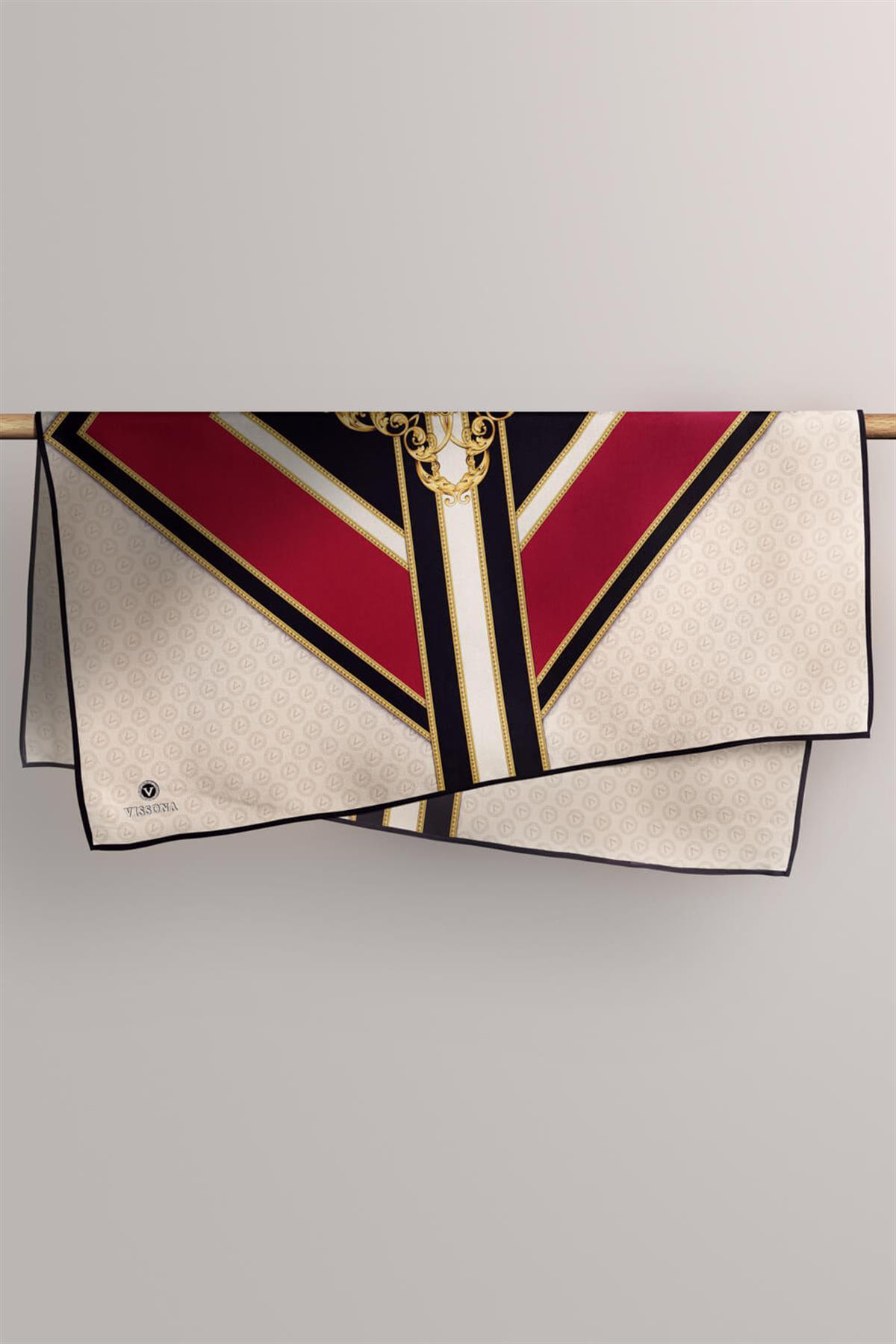 %100 Twill İpek Monogram ve Barok Desenli Bordo - Krem Renkli 90x90 Eşarp Dikim Şekli : El Dikişi