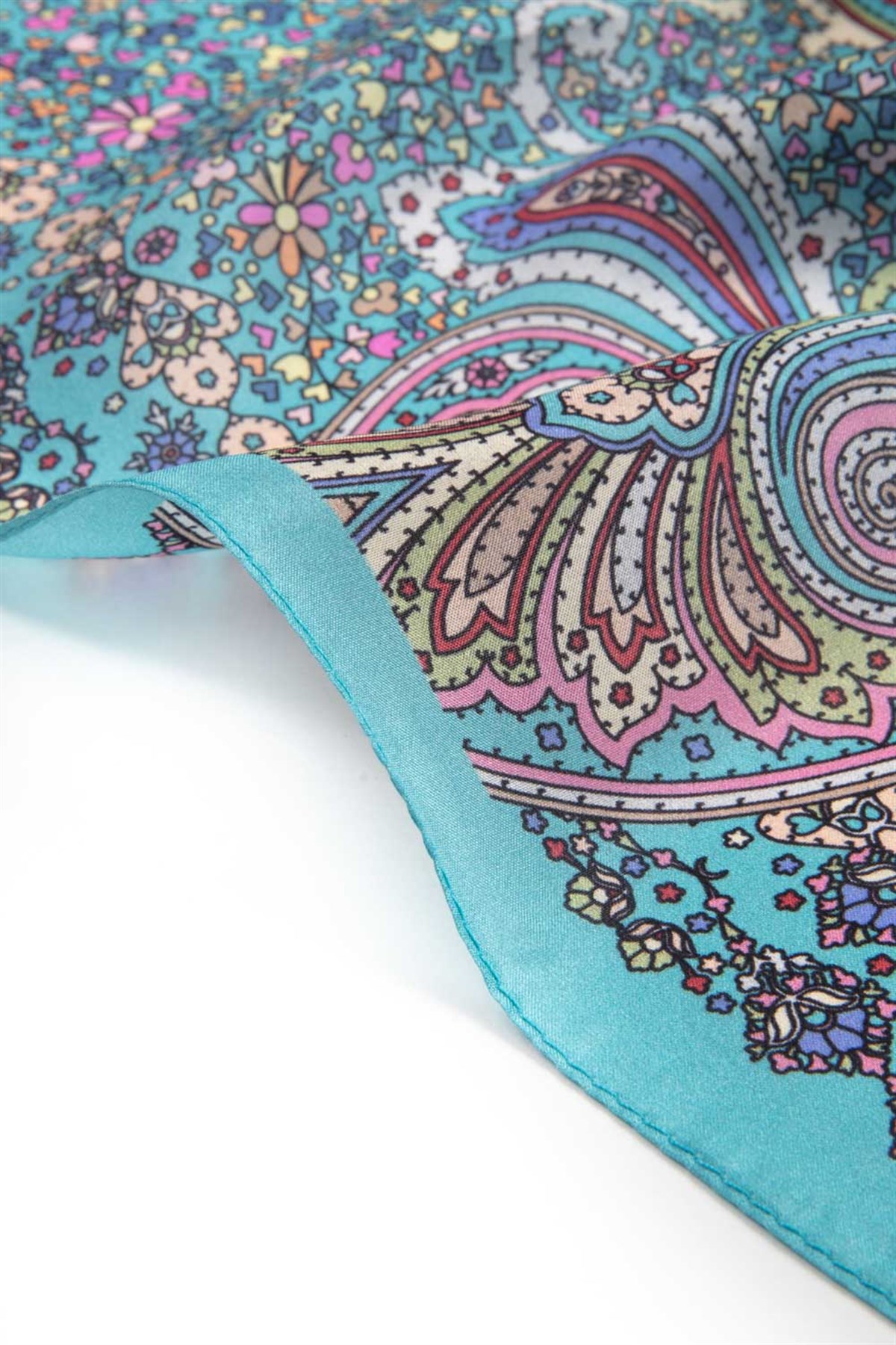 100% İpek Etro Desenli Turkuaz - Pudra Renkli 92x210 Şal