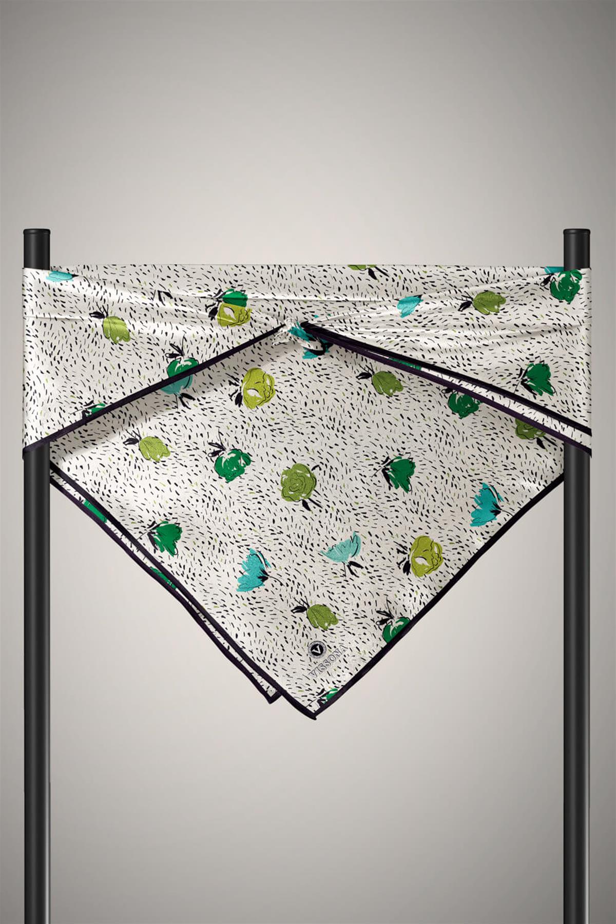 %100 Twill İpek Çıtır Çiçek Desenli Haki - Krem Renkli 90x90 Eşarp Dikim Şekli : El Dikişi
