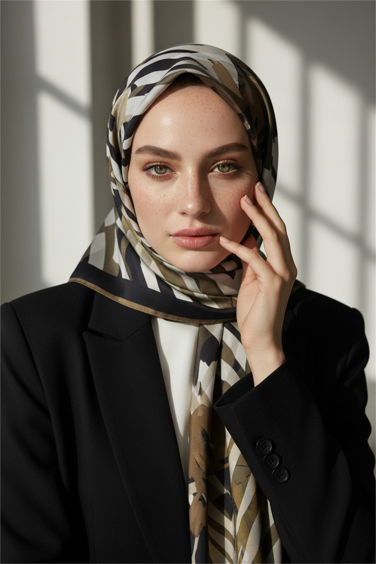 KREP ZEBRA VE ÇİÇEK DESENLİ BEJ RENKLİ 75X195 KIRIŞMAZ ŞAL
