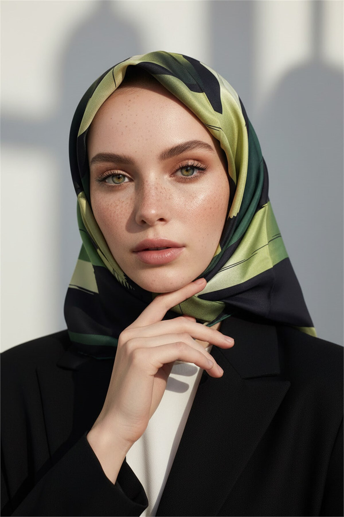 %100 Twill İpek Geometrik Fırça İzi Desenli Siyah - Zümrüt Yeşili Renkli 90x90 Eşarp Dikim Şekli : El Dikişi