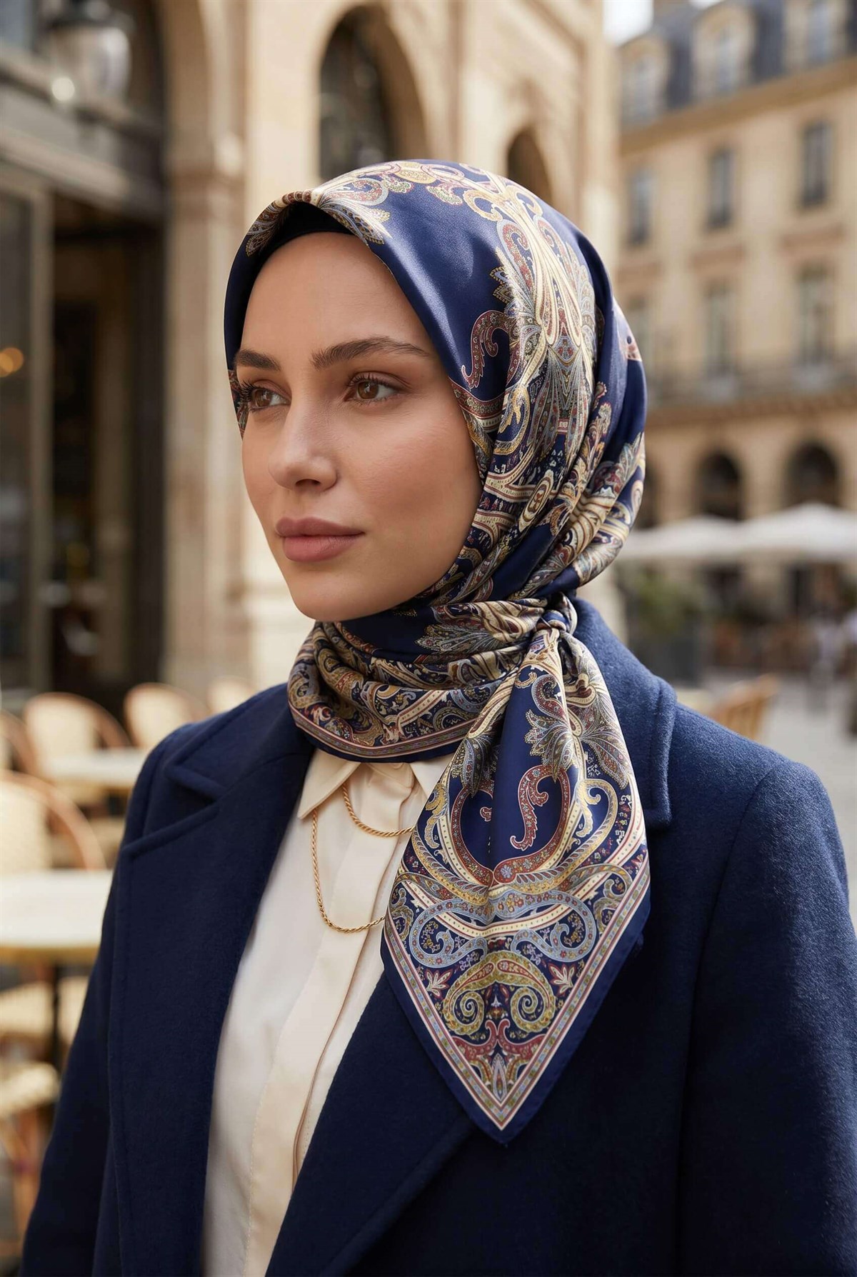 %100 Twill İpek Şal Desenli Lacivert Renkli 90x90 Eşarp Dikim Şekli : El Dikişi