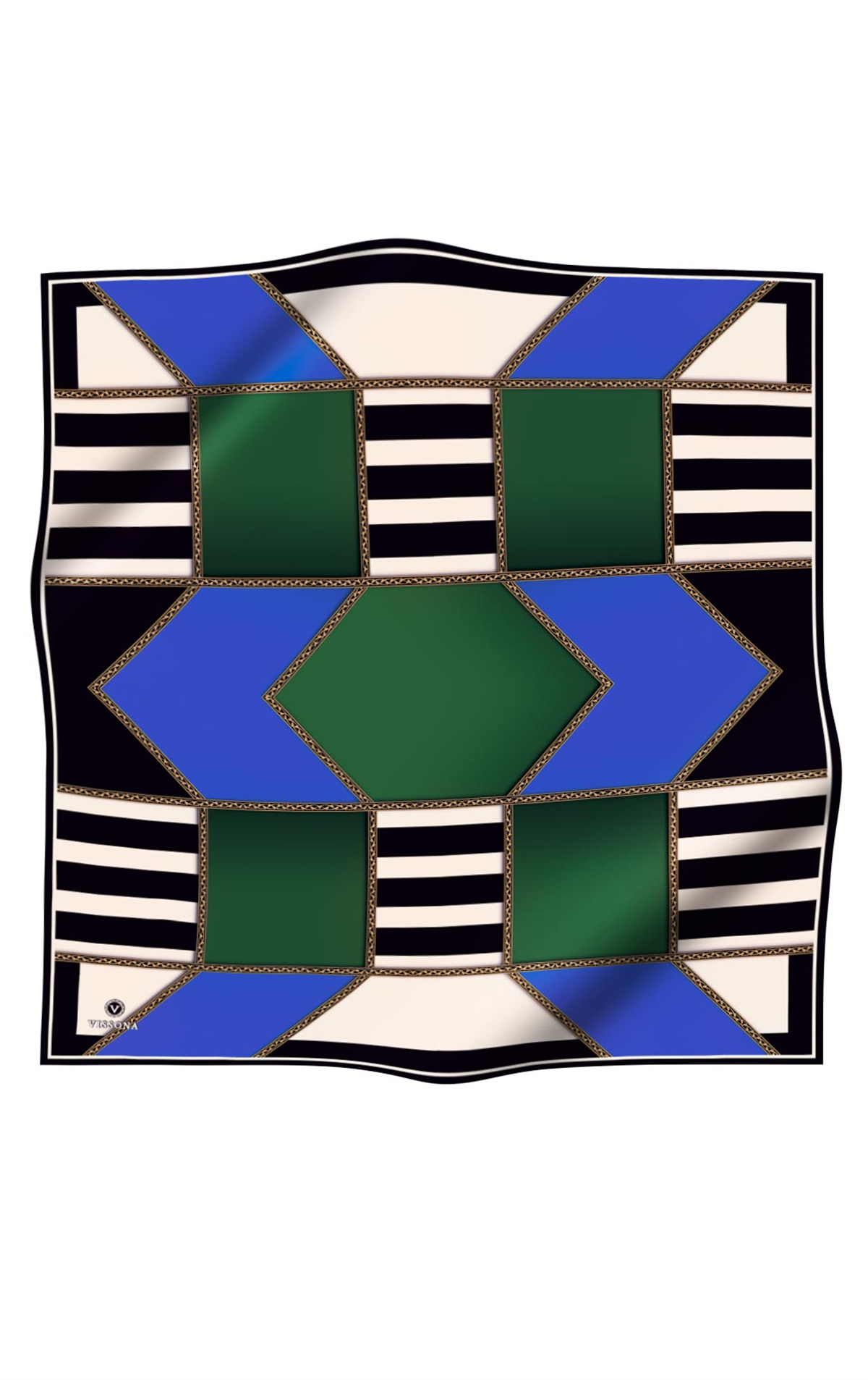 %100 Twill İpek Geometrik Desenli Saks - Zümrüt Yeşili Renkli 90x90 Eşarp Dikim Şekli : El Dikişi