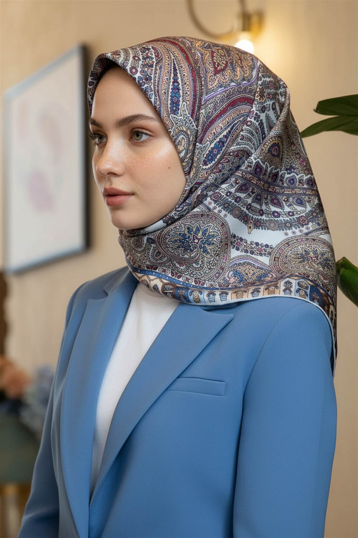 %100 Twill İpek Etro Desenli Gri - Somon Renkli 90x90 Eşarp Dikim Şekli : El Dikişi