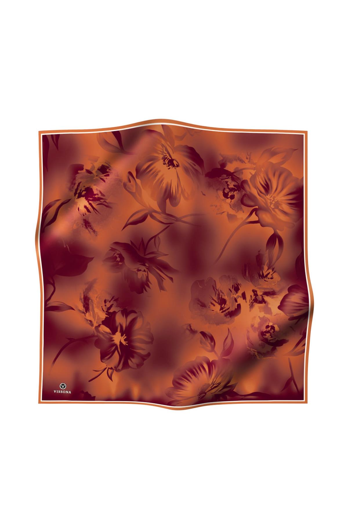 100% Twill İpek Çiçek Desenli Taba Renkli 90x90 Dikim Şekli : El Dikişi Eşarp