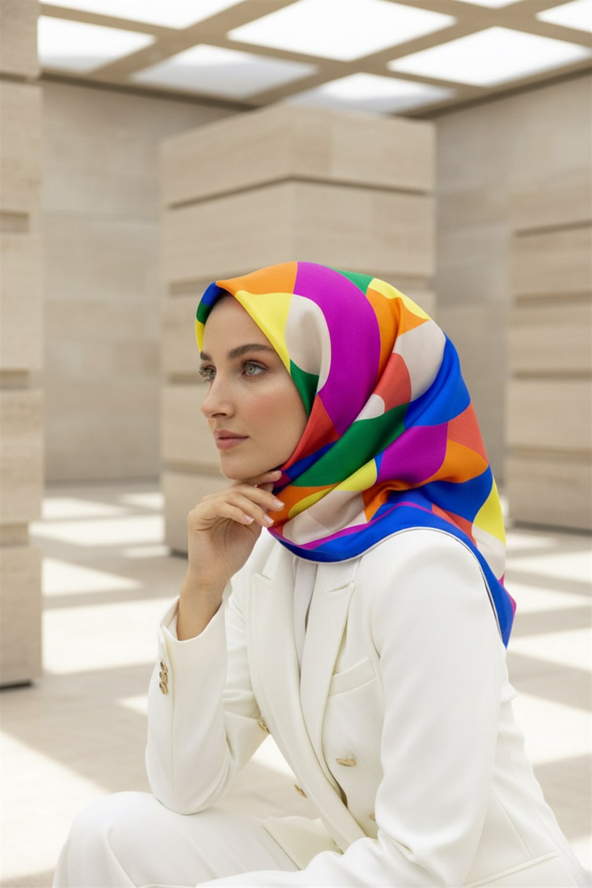 %100 Twill Renk Bloklu Çizgili Desenli Saks - Turuncu Renkli 90x90 Eşarp Dikim Şekli: El Dikişii