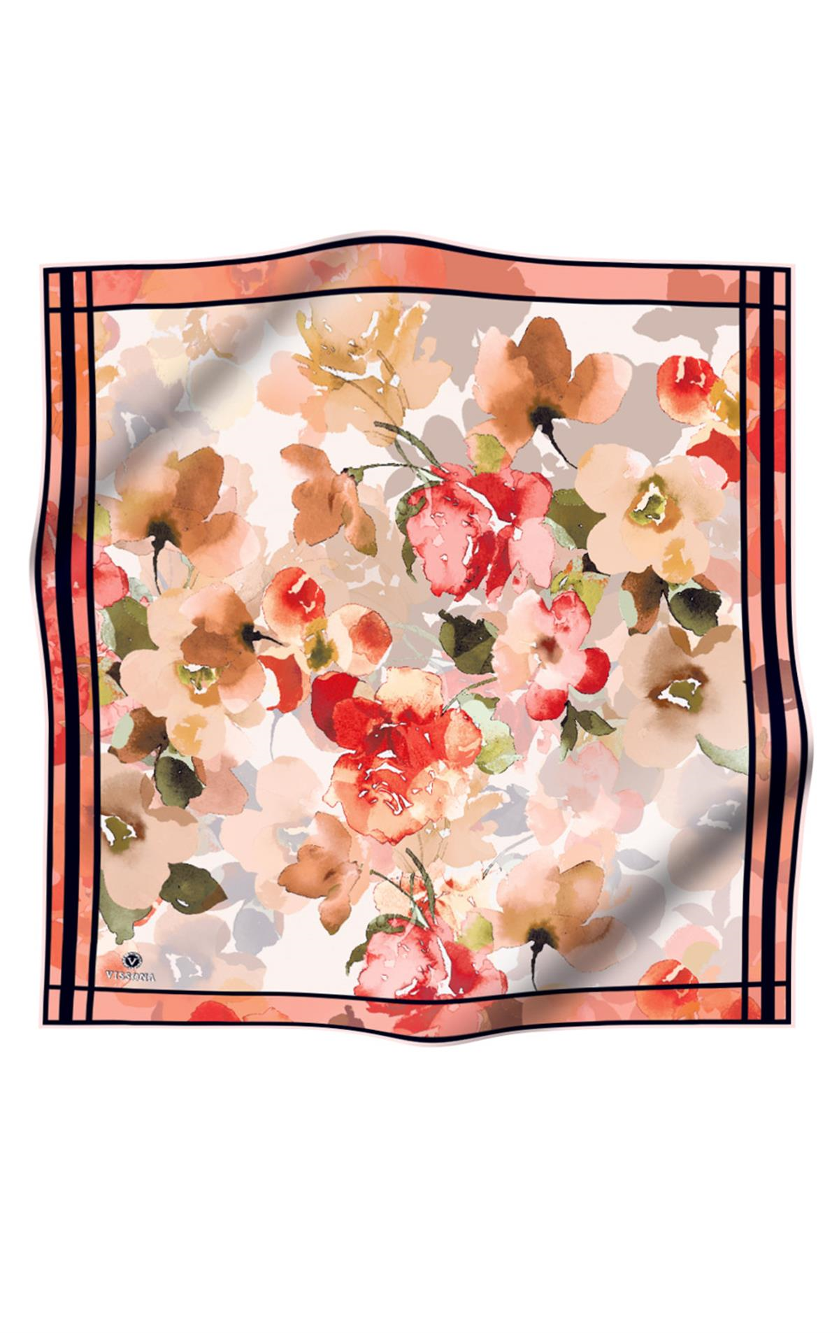 % 57 İPEK % 43 VİSKON Twill İpek Sulu Boyalı Çiçek Desenli Kırmızı - Vizon Renkli 90x90 Eşarp Dikim Şekli : El Dikişi