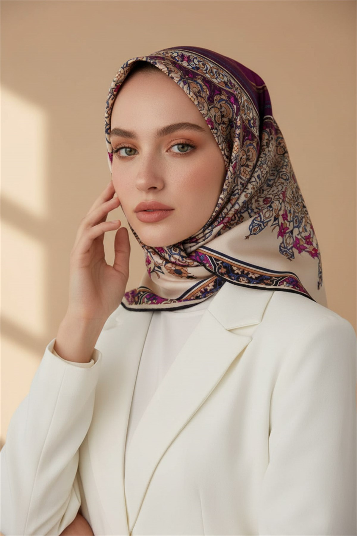%100 Twill İpek Şal Desenli Mürdüm Renkli 90x90 Eşarp Dikim Şekli : El Dikişi