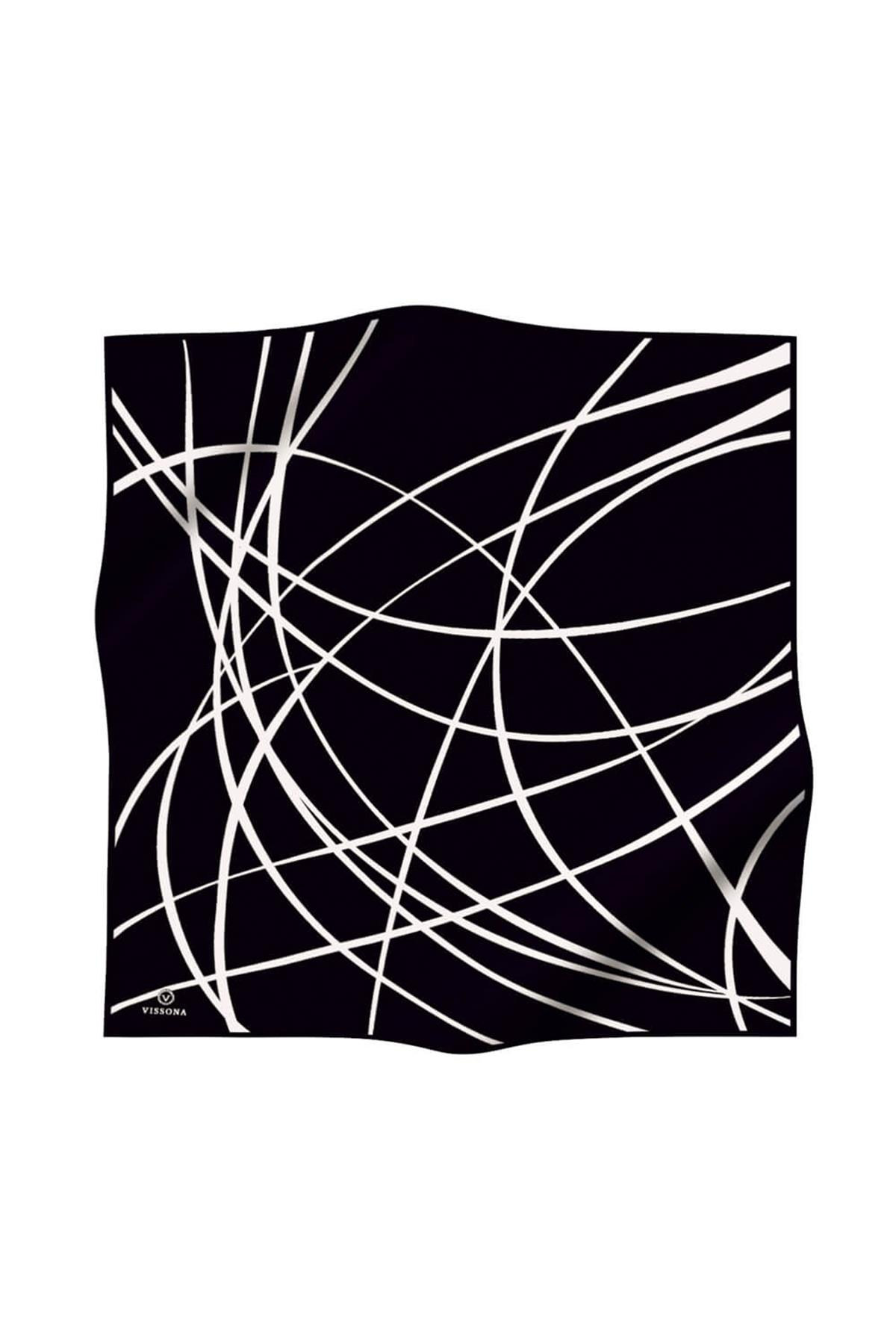 %100 Twill İpek Çizgili Desenli Siyah - Beyaz Renkli 90x90 Eşarp Dikim Şekli : El Dikişi