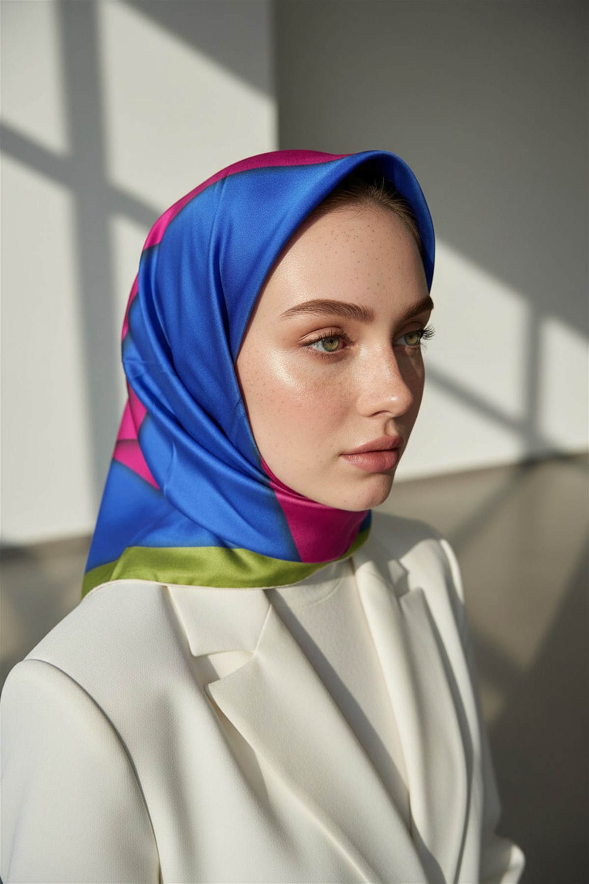 %100 Twill Renk Bloklu Çizgili Desenli Fuşya - Saks Renkli 90x90 Eşarp Dikim Şekli: El Dikişii