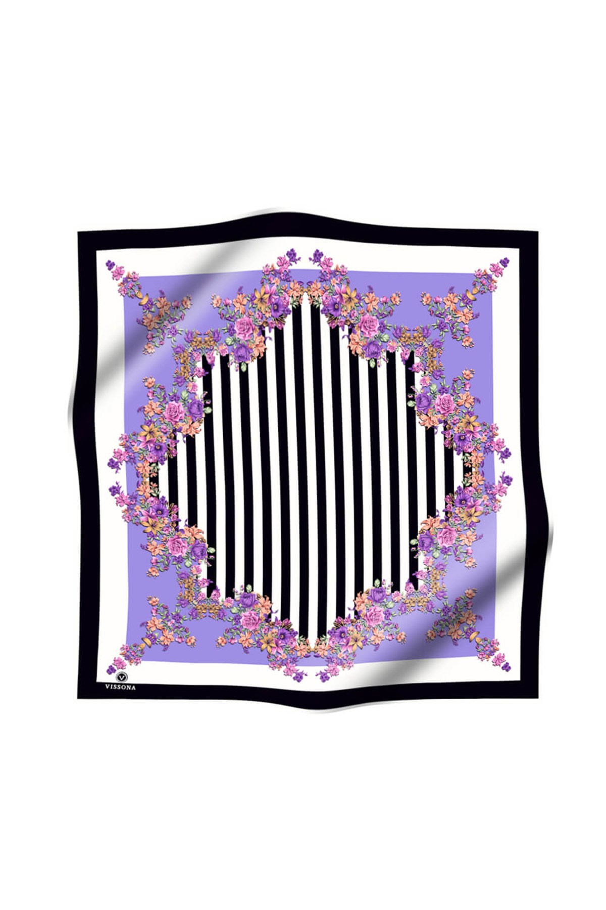 %100 Twill İpek Çıtır Çiçekli Ve Çizgi Desenli Siyah - Lila Renkli 90x90 Eşarp Dikim Şekli : El Dikişi