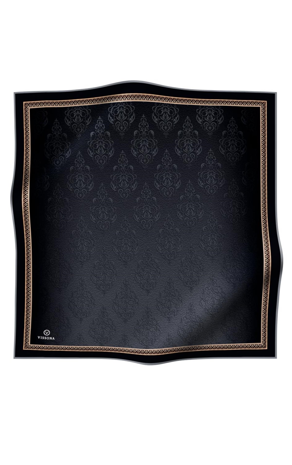 %100 Twill Barok Desenli Siyah Renkli 90x90 Eşarp Dikim Şekli: El Dikişi