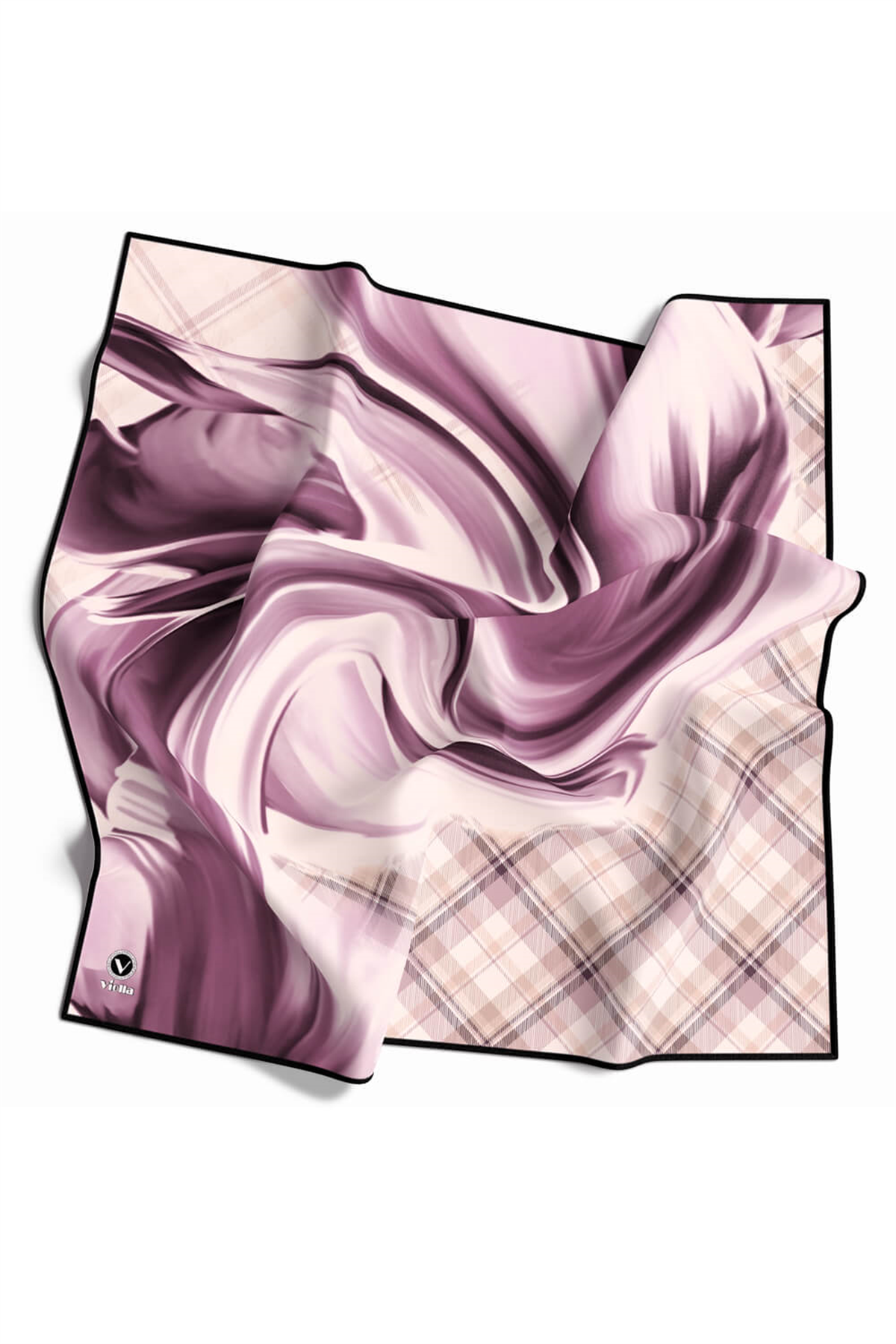 Twill Dalga ve Ekose Desenli Lila Renkli 90x90 Eşarp (İpek İçermez)Kenar Dikiş Şekli El Dikişli