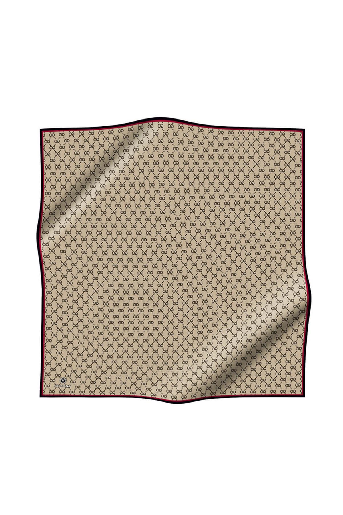 %100 Twill İpek Geometrik Desenli Siyah - Bej Renkli 90x90 Eşarp Dikim Şekli : El Dikişi