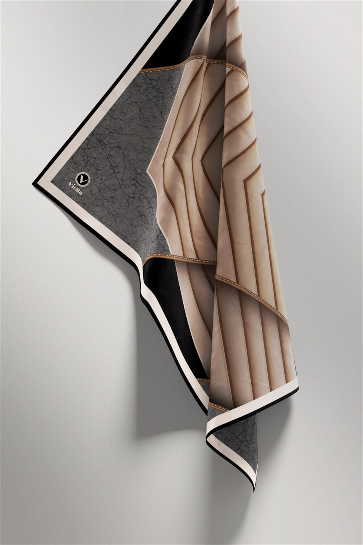 Twill Zigzag Desenli Gri - Bej Renkli 90x90 Eşarp (İpek İçermez) Kenar Dikiş Şekli El Dikişli