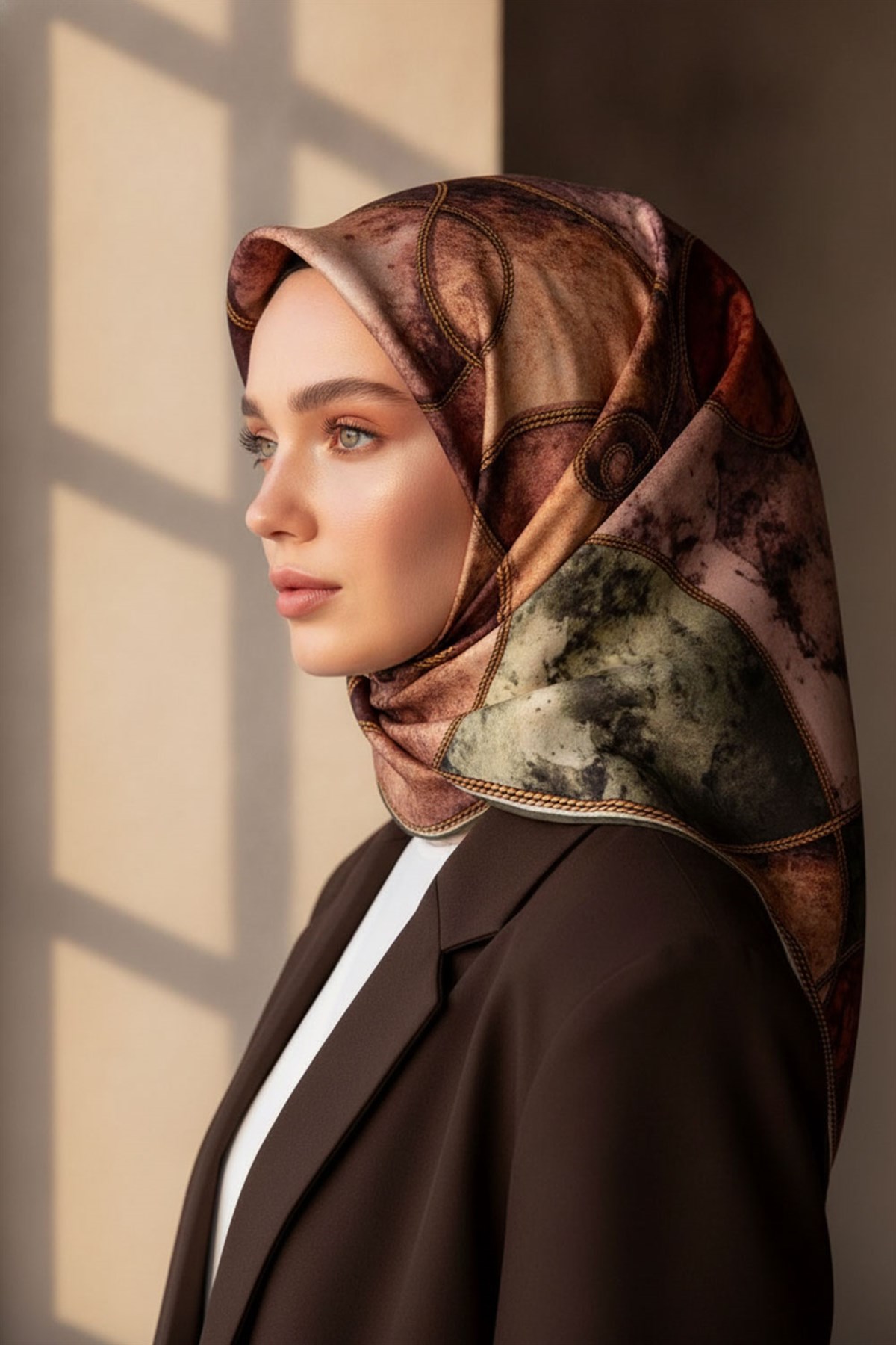 %100 Twill İpek Zincirli Mermer Desenli Haki - Bakır Renkli 90x90 Eşarp Dikim Şekli : El Dikişi