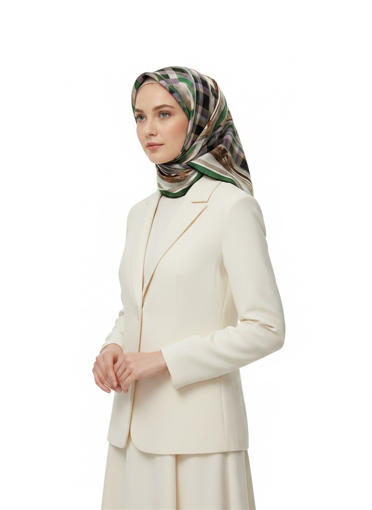 %100 Twill İpek Ekose Desenli Zümrüt Yeşili - Krem Renkli 90x90 Eşarp Dikim Şekli : El Dikişi