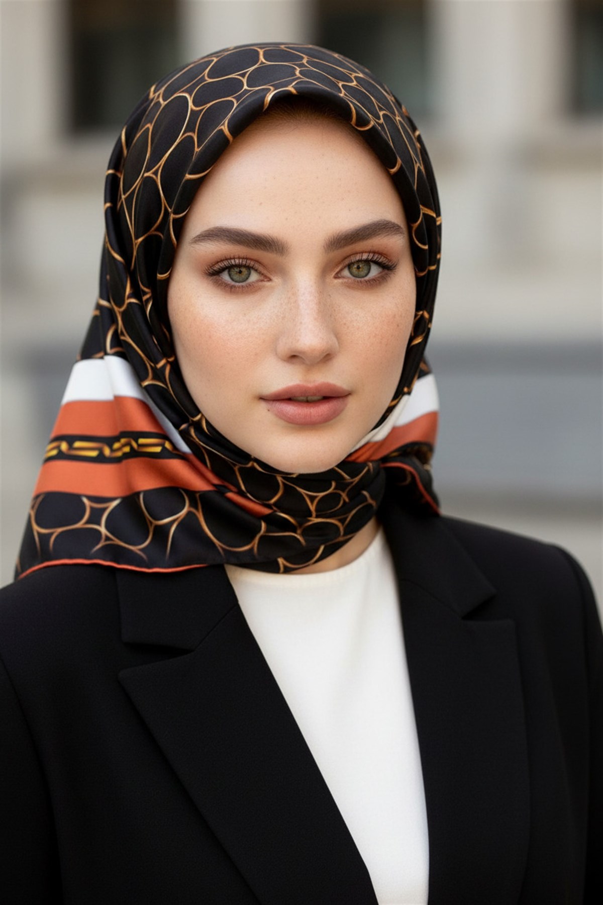 %100 Twill İpek Zincir Desenli Siyah - Taba Renkli 90x90 Eşarp Kenar Dikiş Şekli El Dikişli