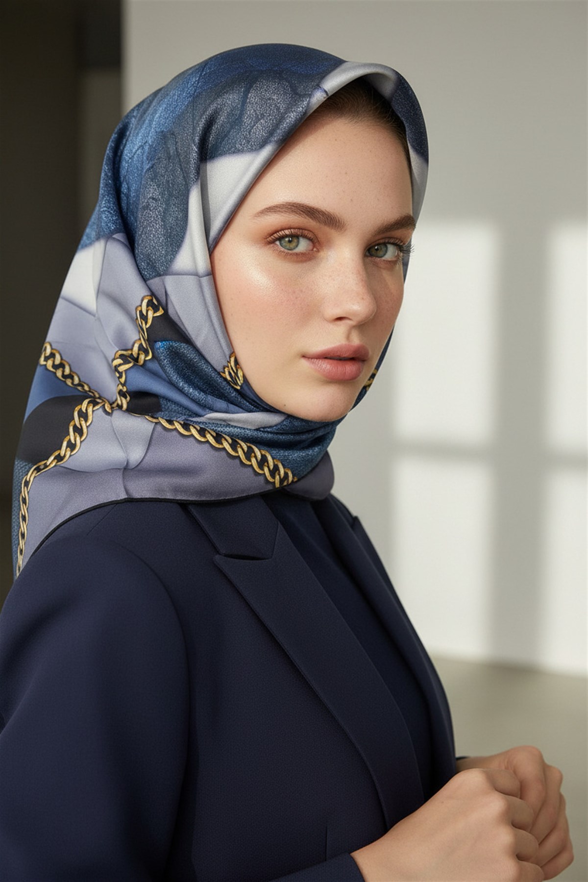 %100 Twill İpek Taş Efekti Desenli İndigo - Siyah Renkli 90x90 Eşarp Dikim Şekli : El Dikişi