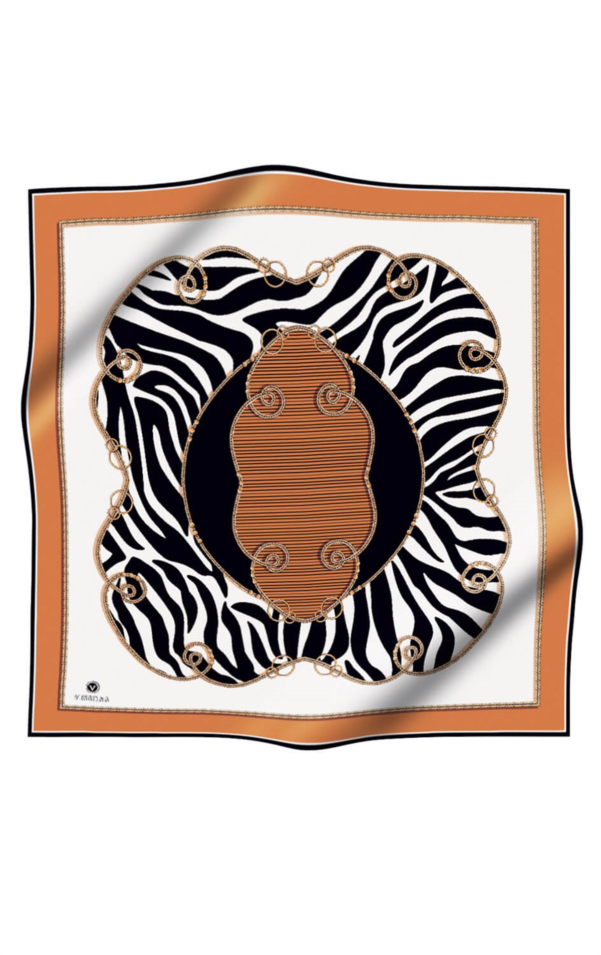 %100 Twill İpek Zincirli Ve Zebra Desenli Bakır - Siyah Renkli 90x90 Eşarp Dikim Şekli : El Dikişi