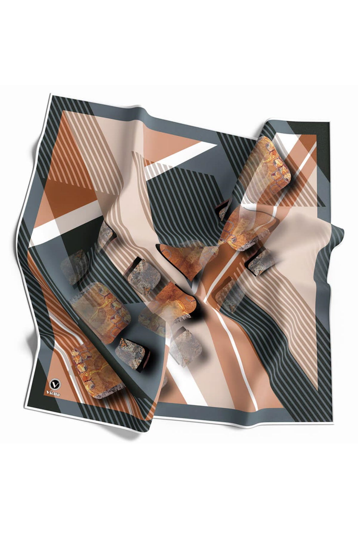 Twill Çizgili ve Geometrik Desenli Somon Renkli 90x90 Eşarp (İpek İçermez) Kenar Dikiş Şekli El Dikişli