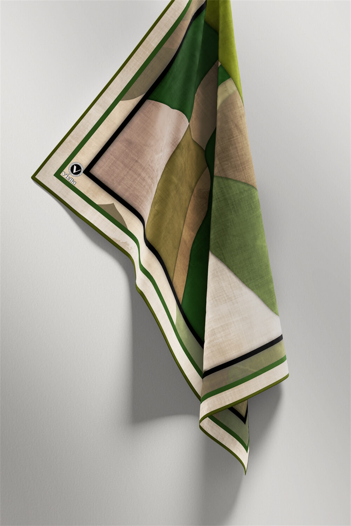 Twill Geometrik Desenli Haki Renkli 90x90 Eşarp (İpek İçermez) Kenar Dikiş Şekli El Dikişli