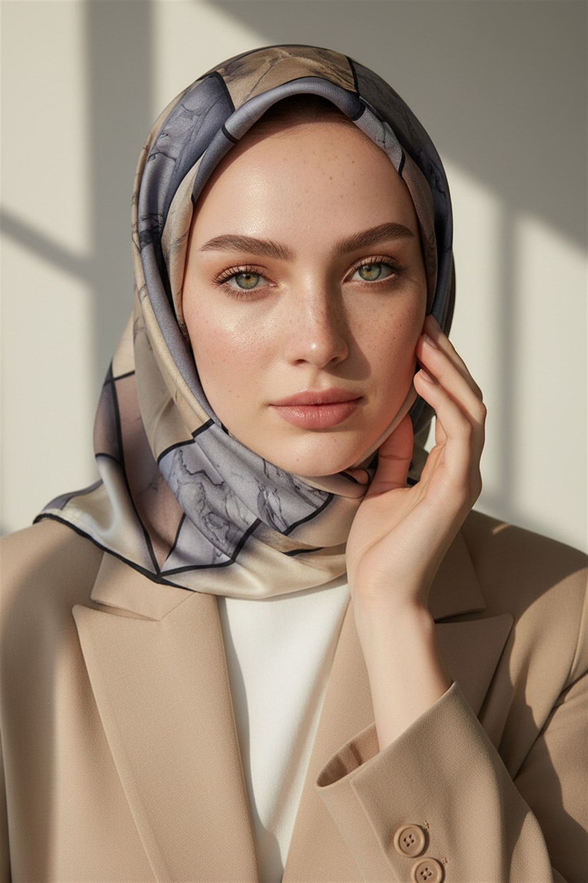 %100 Twill İpek Mermer Desenli Bej - Gri Renkli 90x90 Eşarp Dikim Şekli : El Dikişi