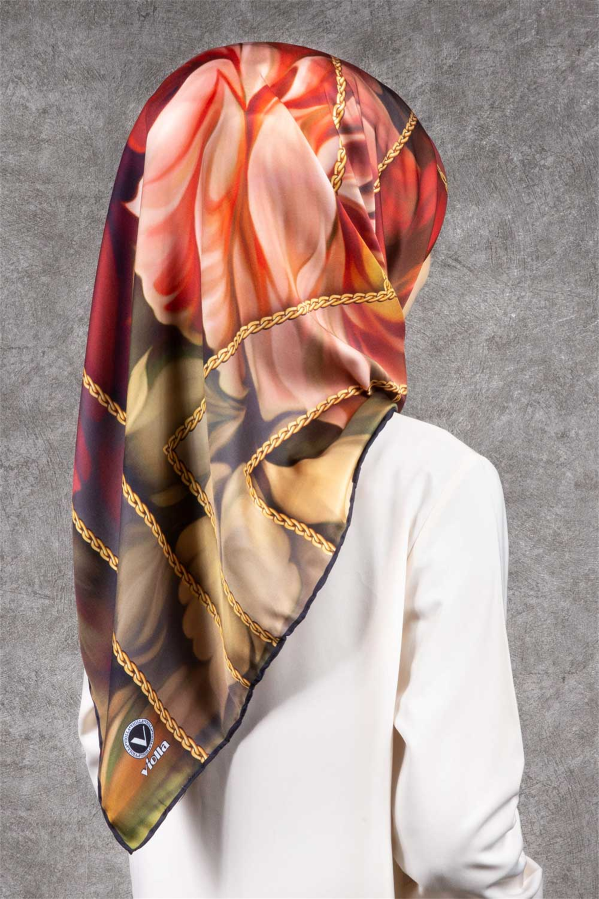Twill Gül Desenli Bordo - Vizon Renkli 90x90 Eşarp (İpek İçermez) Kenar Dikiş Şekli El Dikişli