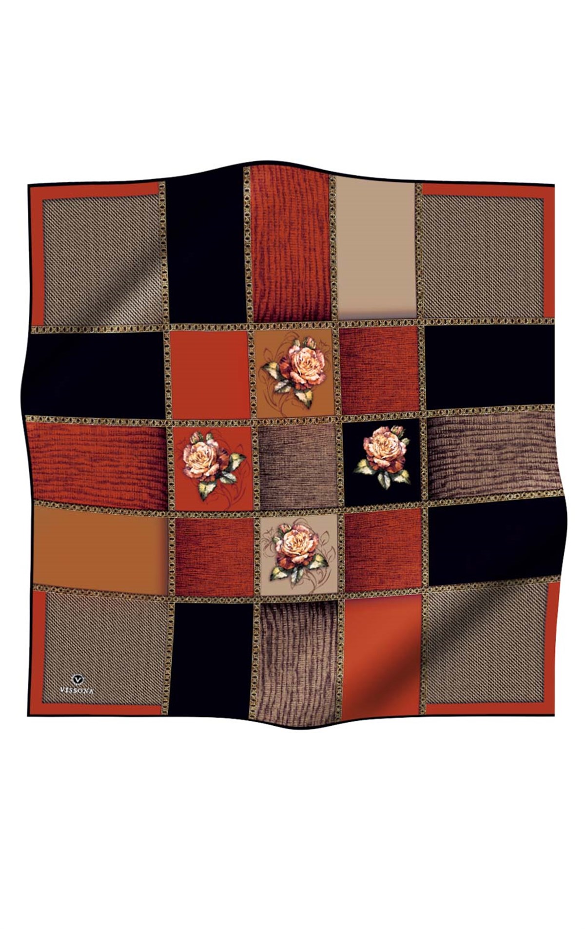 %100 Twill İpek Dokulu Çiçekli Ve Geometrik Desenli Siyah - Taba Renkli 90x90 Eşarp Dikim Şekli : El Dikişi