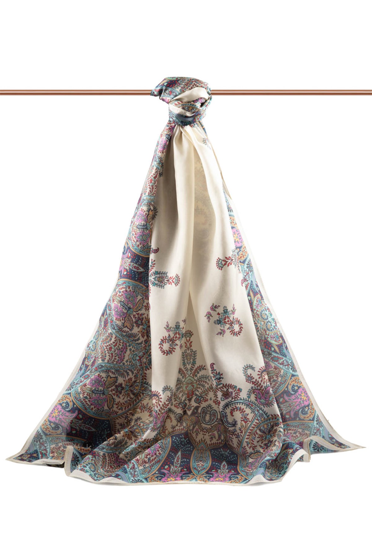 %100 İpek Etnik Desenli Krem - Mint Yeşili Renkli 92x210 Şal