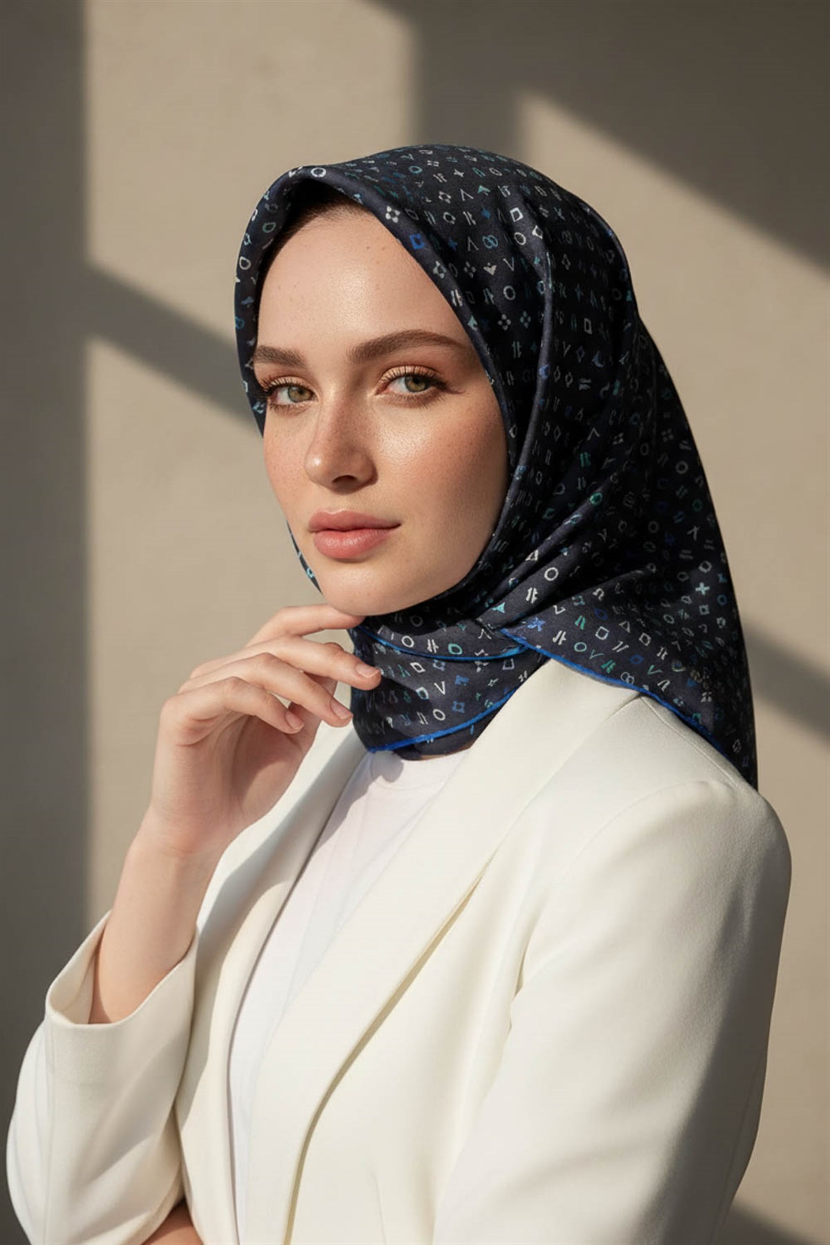 %100 Twill İpek Çıtır Motif Desenli Lacivert - İndigo Renkli 90x90 Eşarp Dikim Şekli : El Dikişi