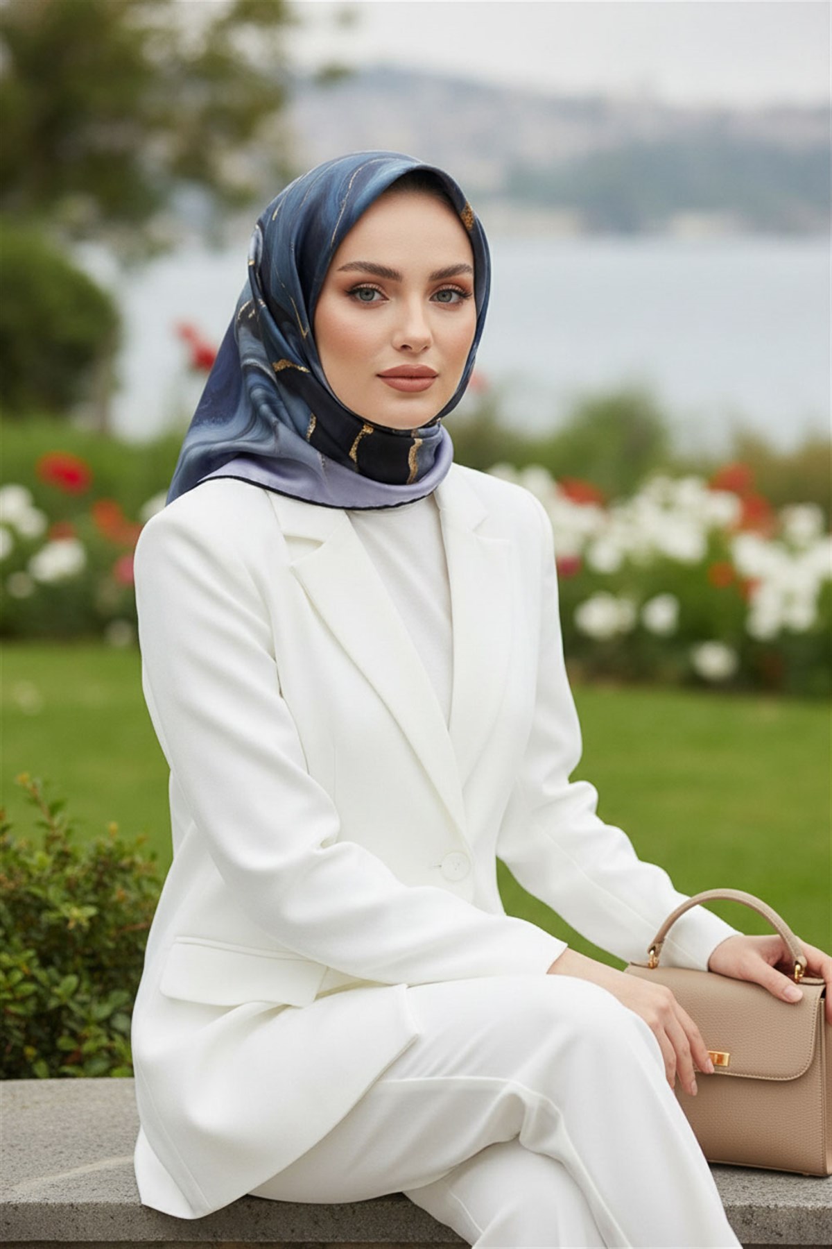 %100 Twill İpek Batik Desenli Saks - Lacivert Renkli 90x90 Eşarp Dikim Şekli : El Dikişi